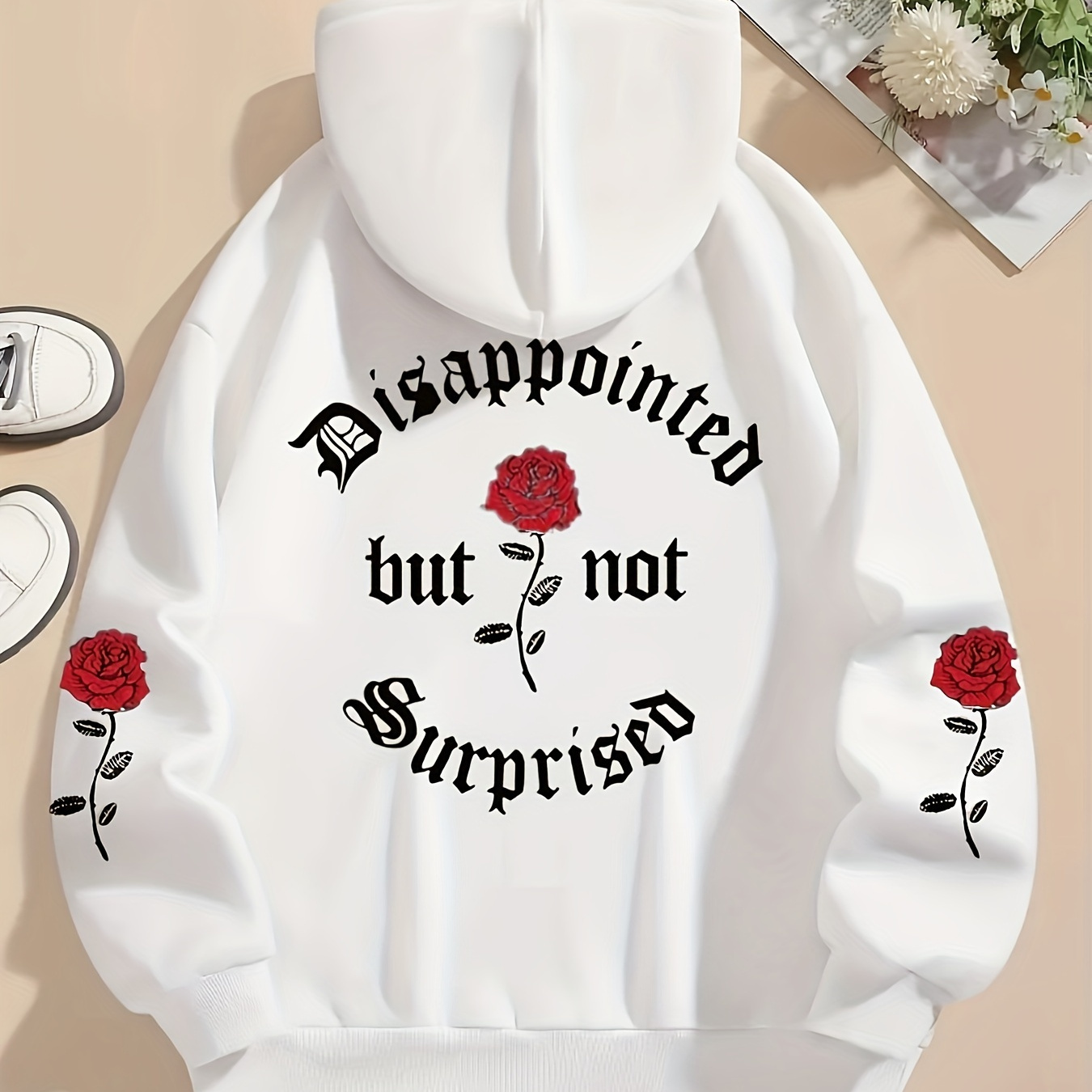 

Rose Print Hoodie, Drawstring Casual Hooded Sweatshirt For Winter & Fall, Women's Clothing