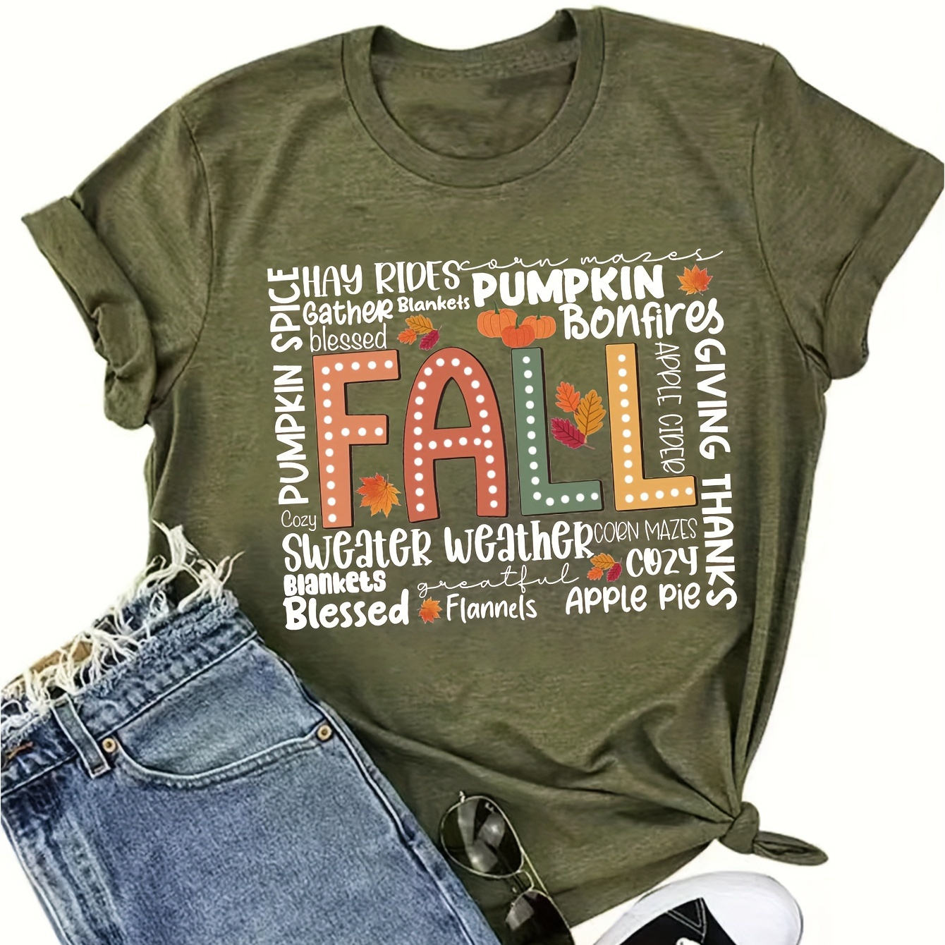 

Thanksgiving-inspired Women's T-shirt - Casual Crew Neck, Soft Polyester , Machine Washable, Letter