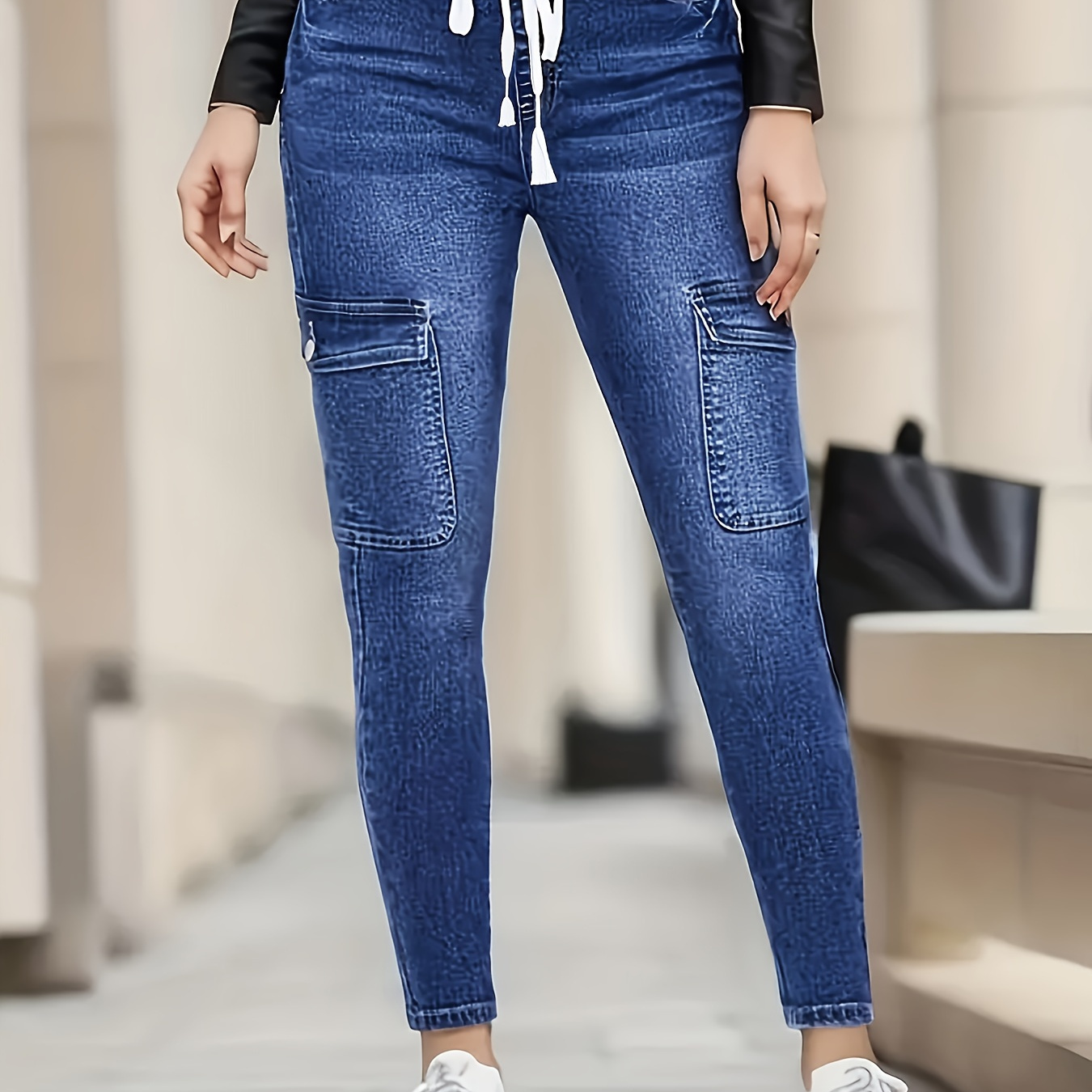 Drawstring Waistband Side Button Skinny Cropped Jeans Washed - Temu Canada