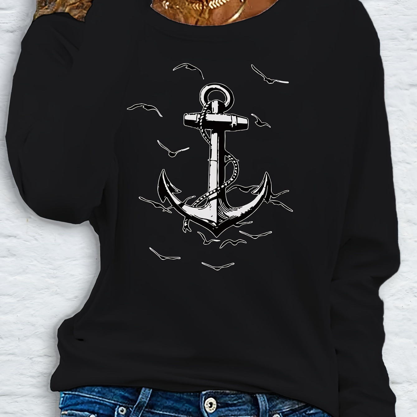 

Women's Casual Polyester Long Sleeve Crew Neck Sweatshirt With Anchor Graphic Print, Appliques Detail, Knit Fabric, Regular Fit For Fall - Cartoon Pattern Pullover