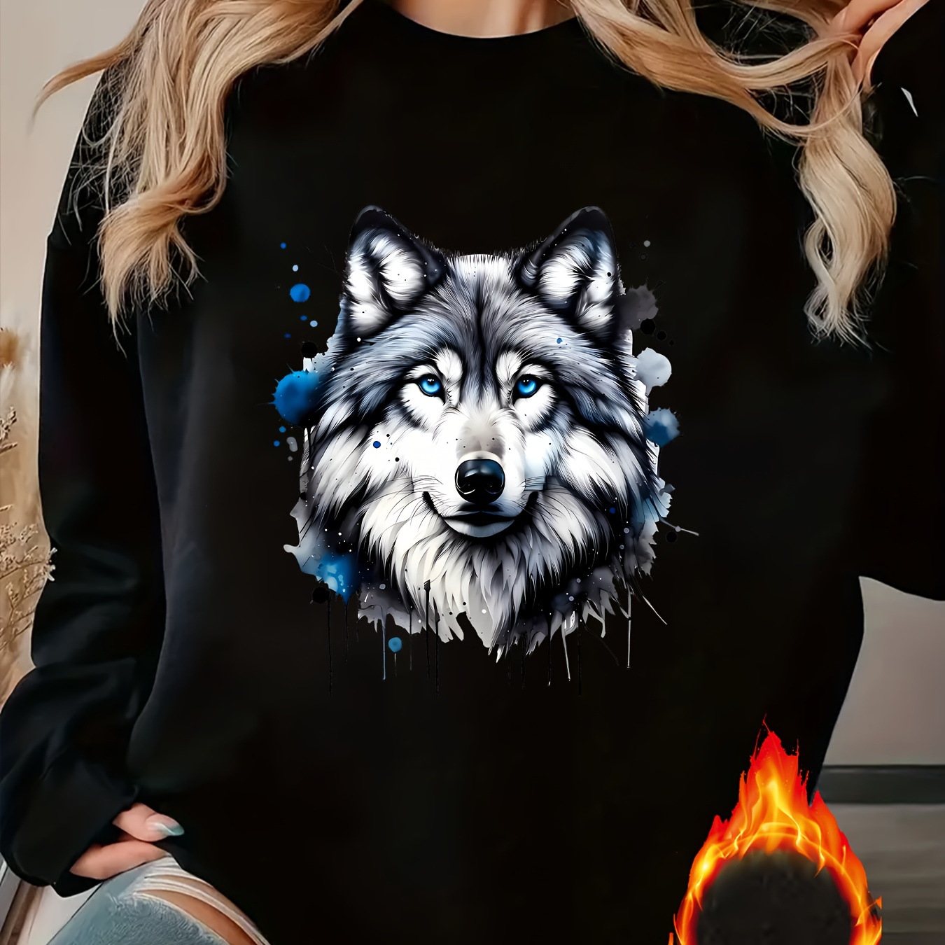 

1pc Women's Autumn Winter Casual Sports Fleece Crew Neck Pullover Sweatshirt With Wolf Print, 100% Polyester, Comfortable Breathable Top, Cute Animal Pattern, Knit Fabric, 220g/m² - Adult