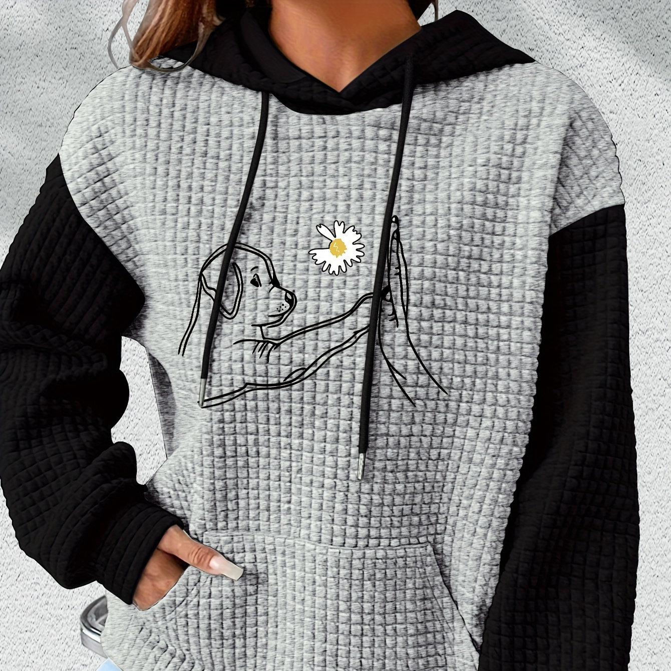 

Women's Casual Hooded Sweatshirt With Kangaroo Pocket, Waffle Knit Polyester 95% Spandex 5% Fabric, Animal Print Applique, Drawstring, Winter & Fall Fashion