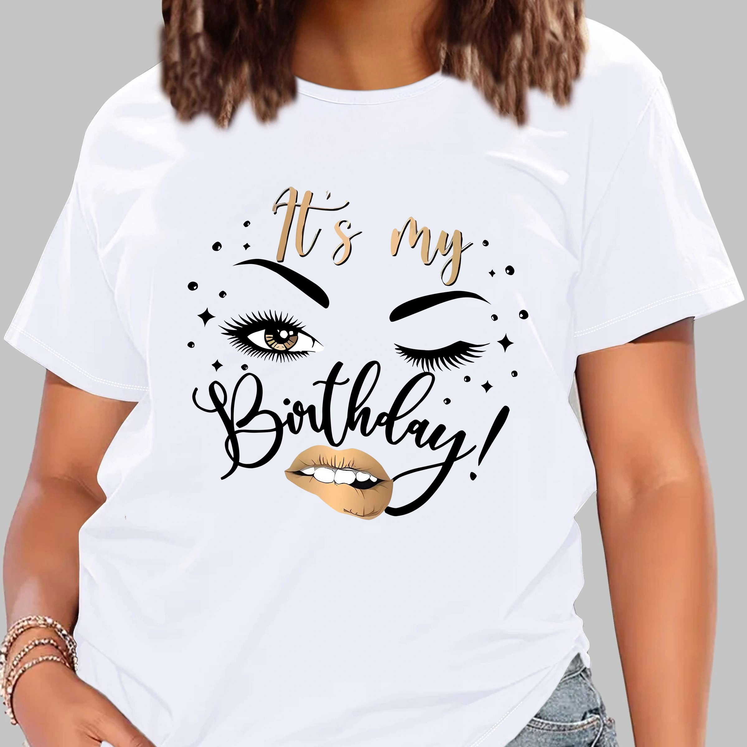 

It's My Birthday Letter Print Comfortable Causal Sports T-shirt, Short Sleeve Running Workout Top, Women's Activewear Graphic