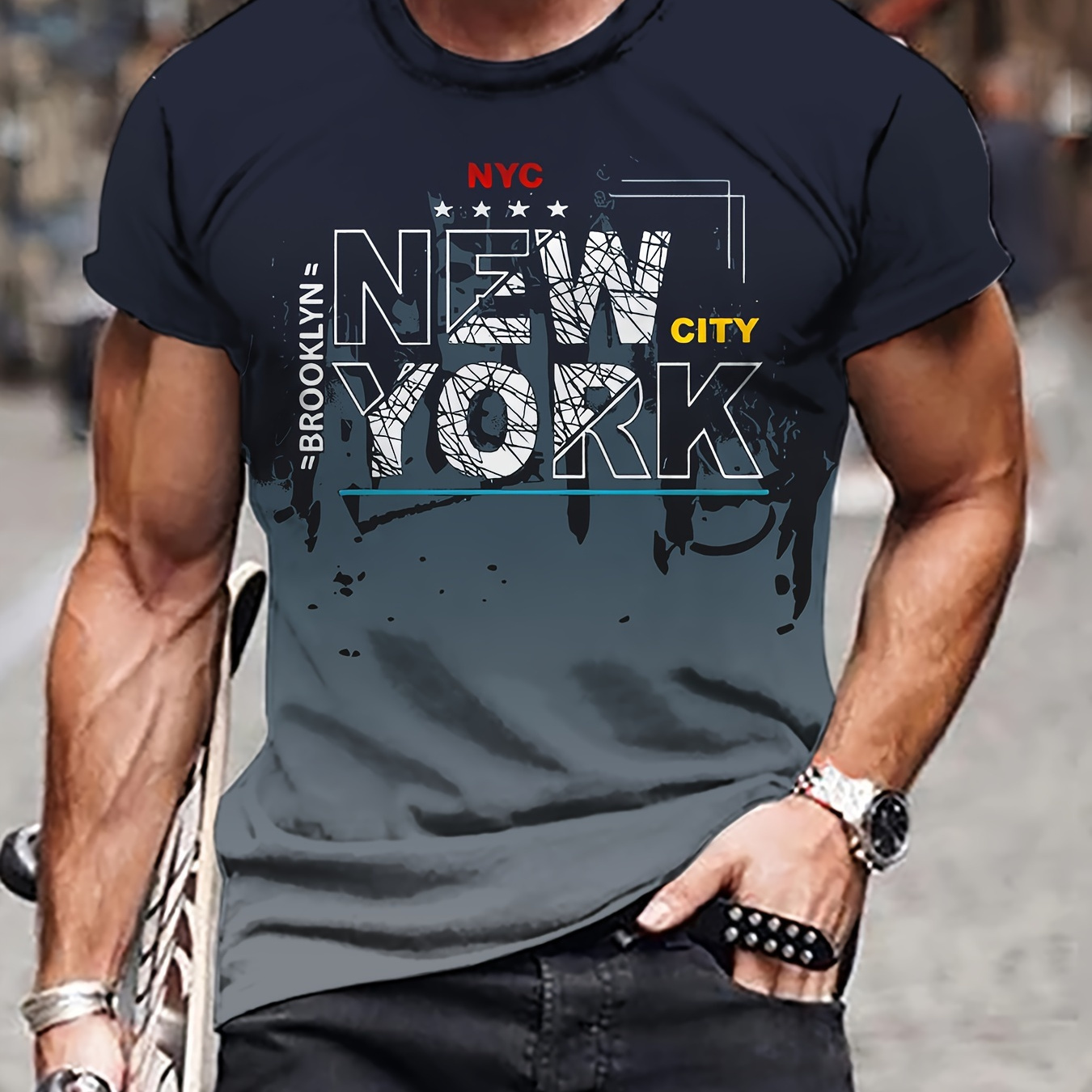 

Men's New York Graphic Print T-shirt, Casual Short Sleeve Crew Neck Tee, Men's Clothing For Outdoor