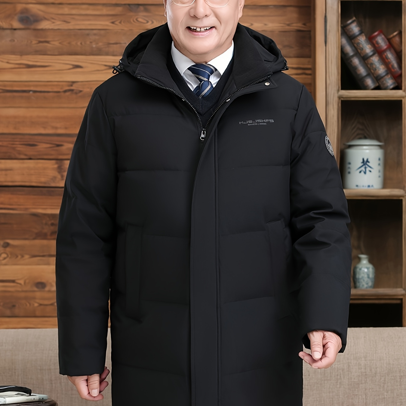 

Men's Thick Warm Winter Down Jacket - Mid-length, , Full-zip With Pockets, Stand Collar, Polyester Lining, Dark Blue, Middle-aged & Elderly Men, Winter Jacket