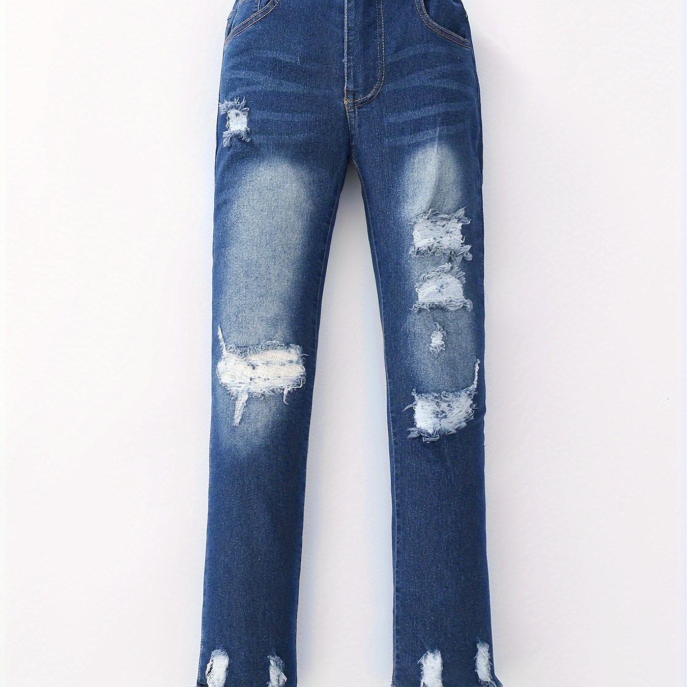 Dark Blue Jeans Lightweight Denim Ripped Pants Comfort Skinny Stretch Denim  Cotton Trouser Girls Age 3-14 Years