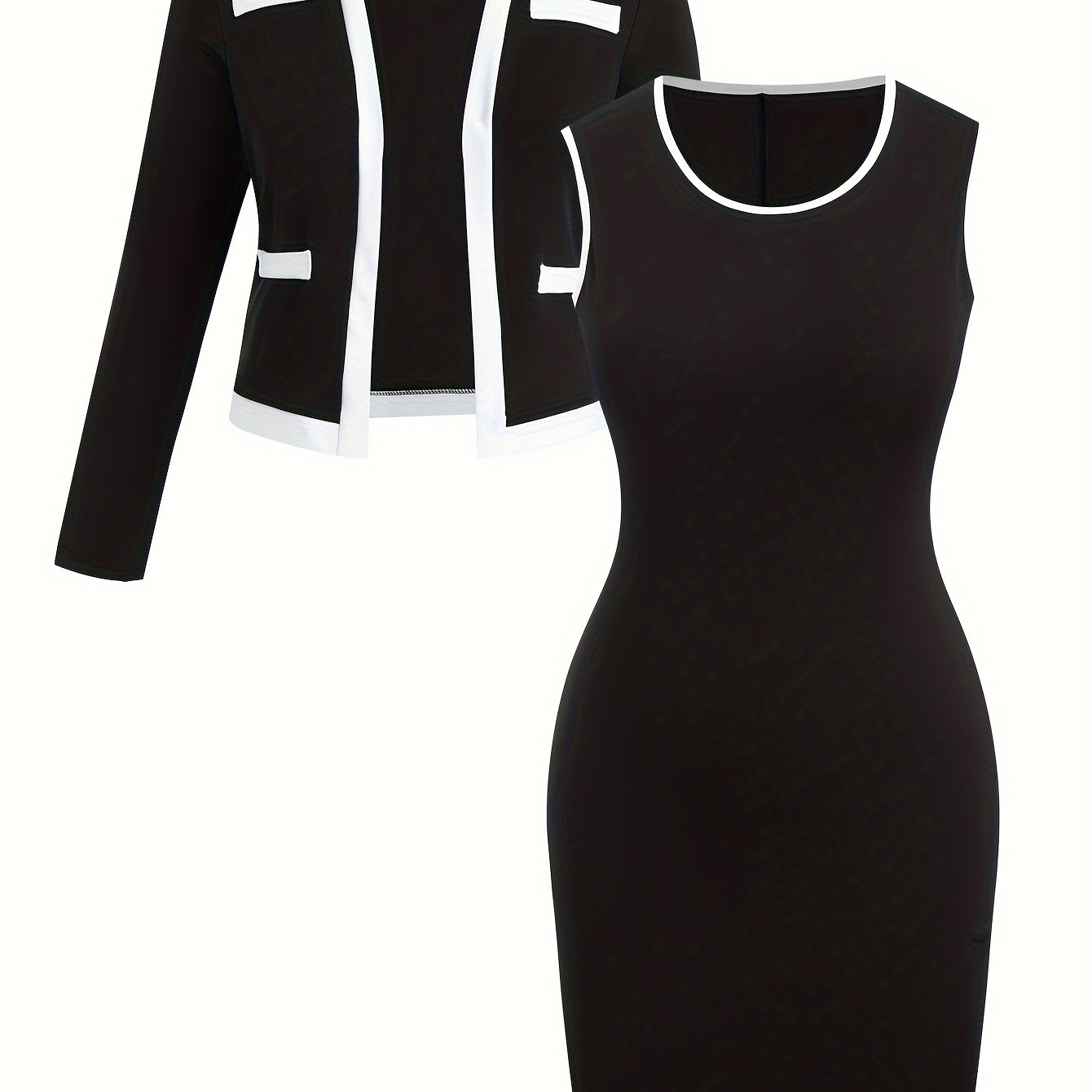 

Size Women'-piece Set: Colorblock 3/4 Sleeve Top & Bodycon Skirt - Machine Washable, Polyester