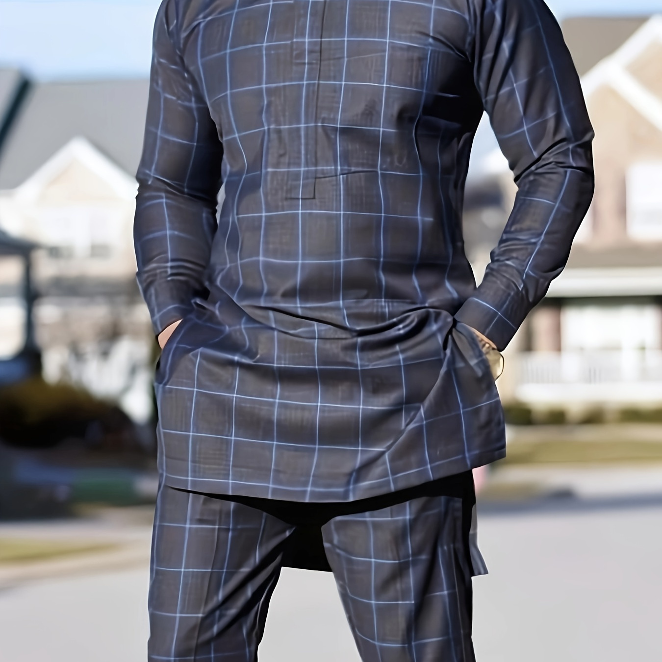 

Men's Outfit Set, Checkered Pattern Long Sleeve Robes And Drawstring Trousers, 2 In 1 Set For Cultural Activities In African