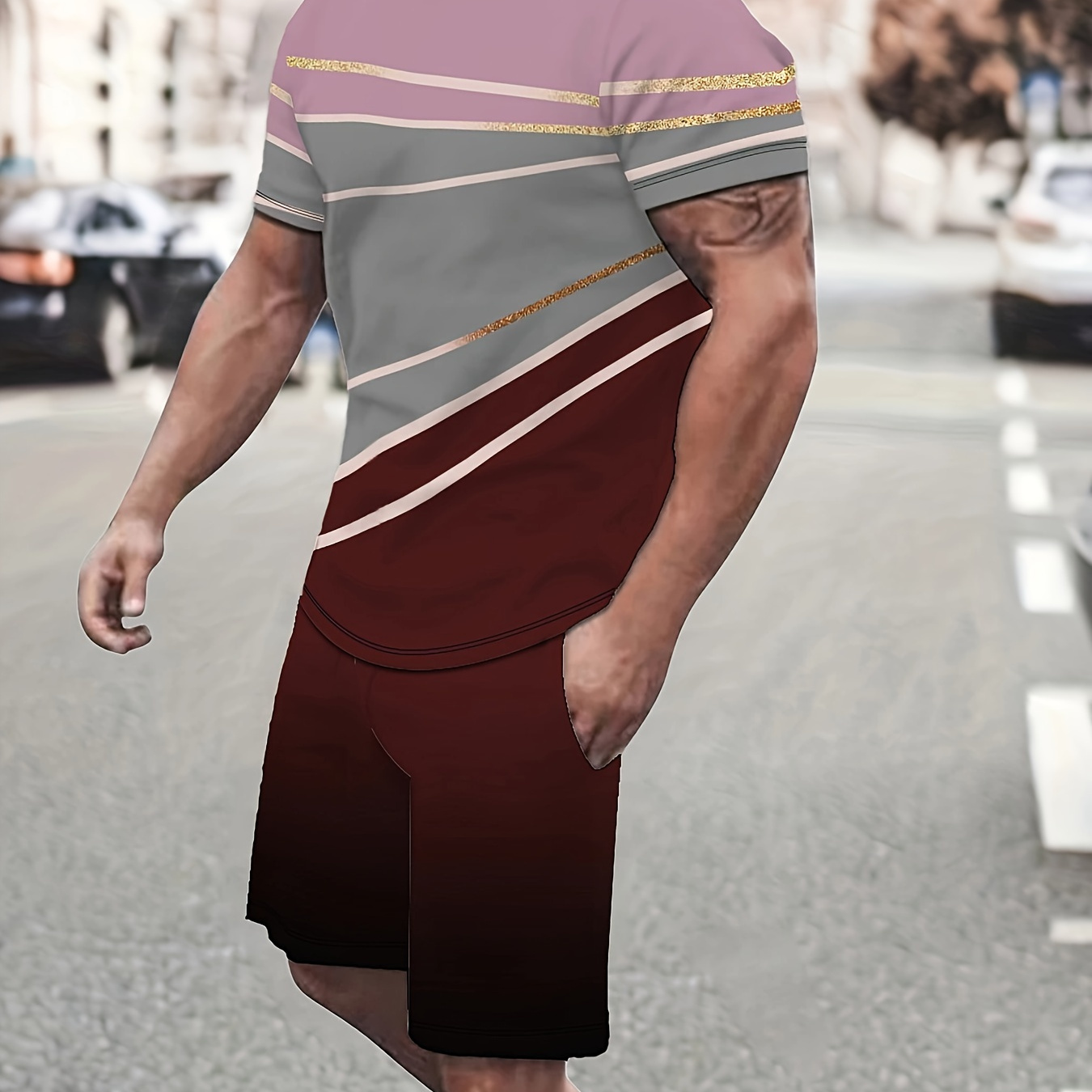 

Men's Outfit, Color Matching Striped Casual Crew Neck Short Sleeve T-shirt & Shorts 2-piece Set For Summer Outdoor Activities