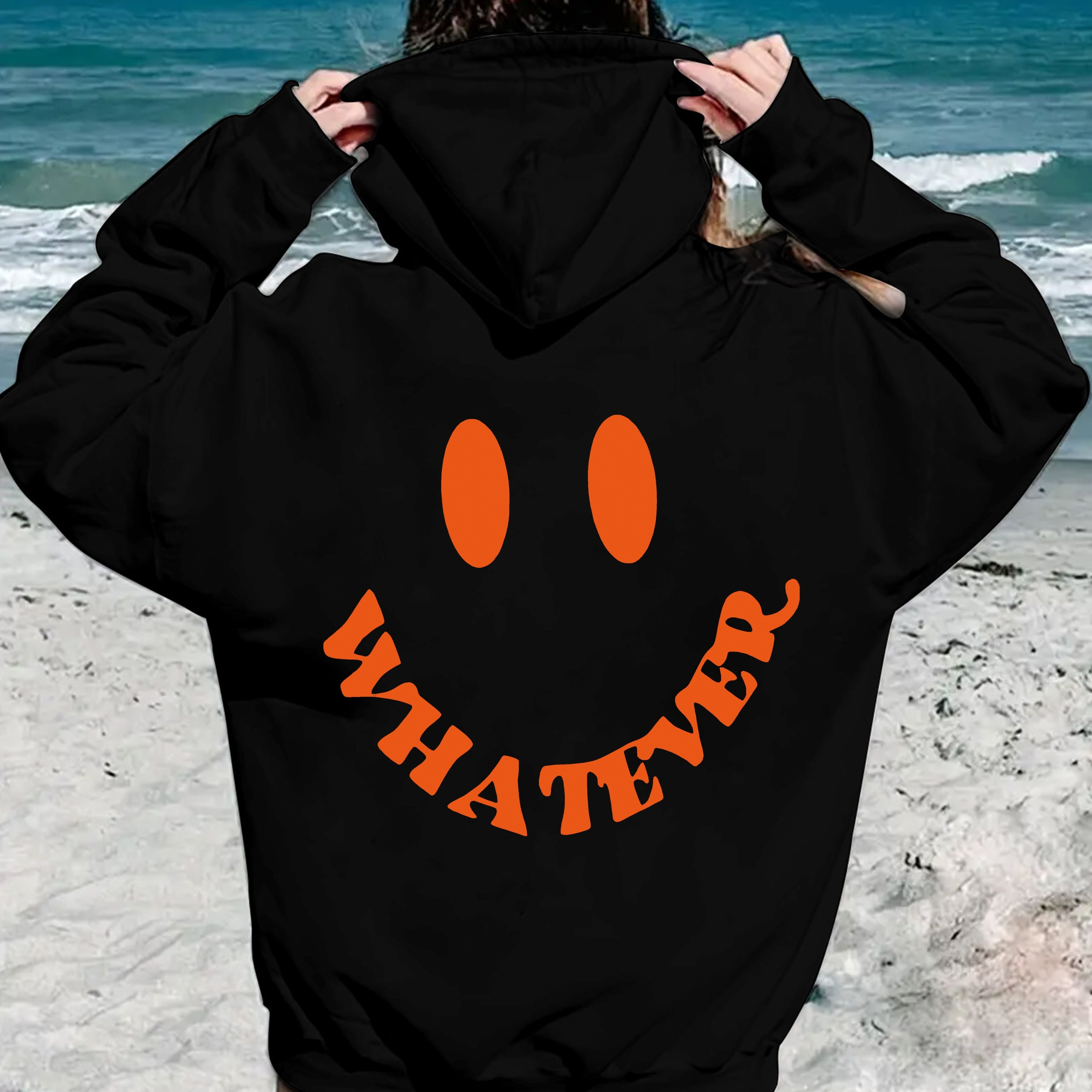 

Smile Print Kangaroo Pocket Hoodie, Casual Long Sleeve Drawstring Hoodies Sweatshirt, Women's Clothing