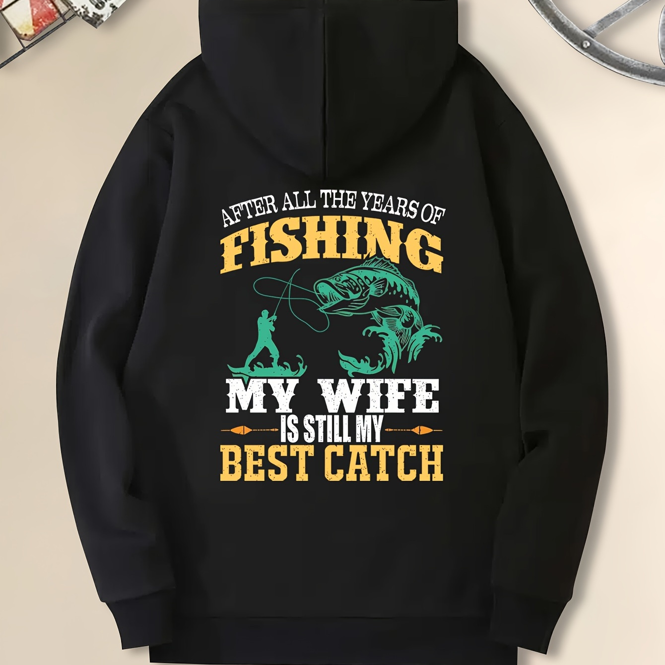 

Men's Casual Pullover Hoodie, Fishing Wife Print, Comfortable Long Sleeve Sweatshirt, Fashionable Loose Fit, Polyester Knit Fabric, Cartoon Graphic, Unisex Pullover Top