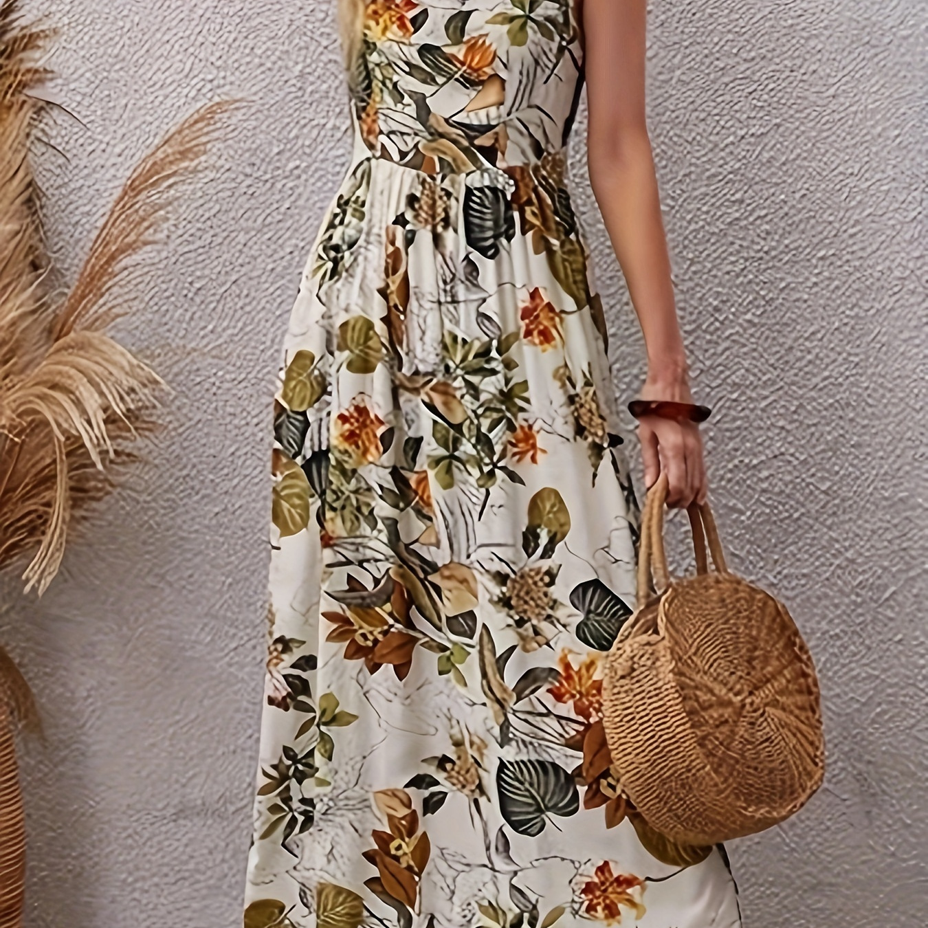 

Floral Print Crew Neck Midi Dress, Vacation Sleeveless Dress For Spring & Summer, Women's Clothing