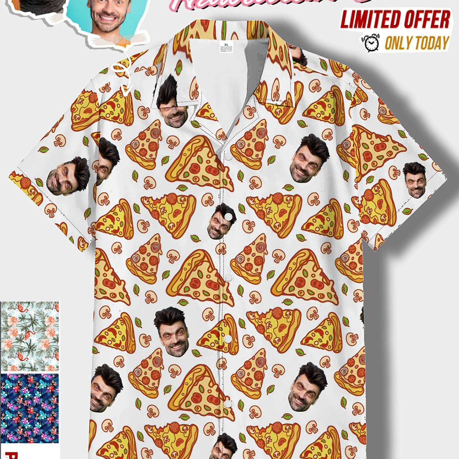 

Custom Personalized Photo Hawaiian Pizza Print Men's Summer Fashionable And Simple Short Sleeve Button Casual Lapel Simple Shirt, Trendy And Versatile, Suitable For Dates, Beach Holiday, As Gifts