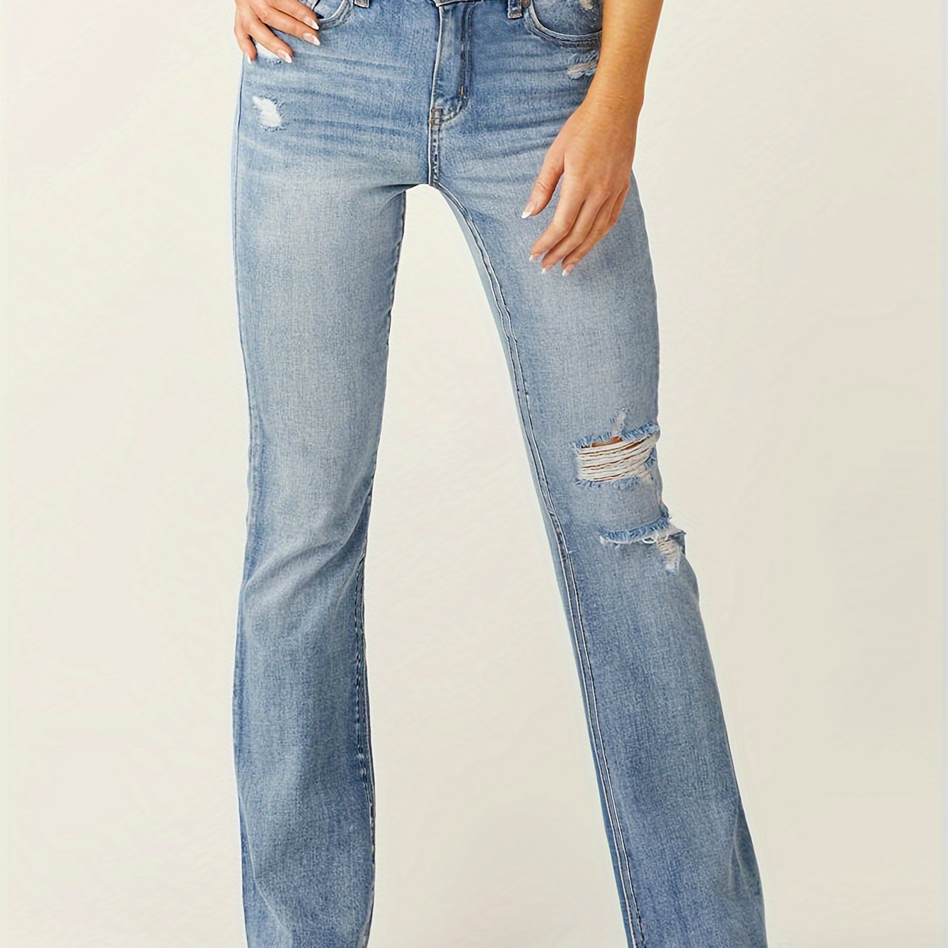 

Vintage Ripped Raw Hem Jeans, Light Wash Distressed Water Ripple Embossed Bootcut Denim Pants, Women's Denim Jeans & Clothing