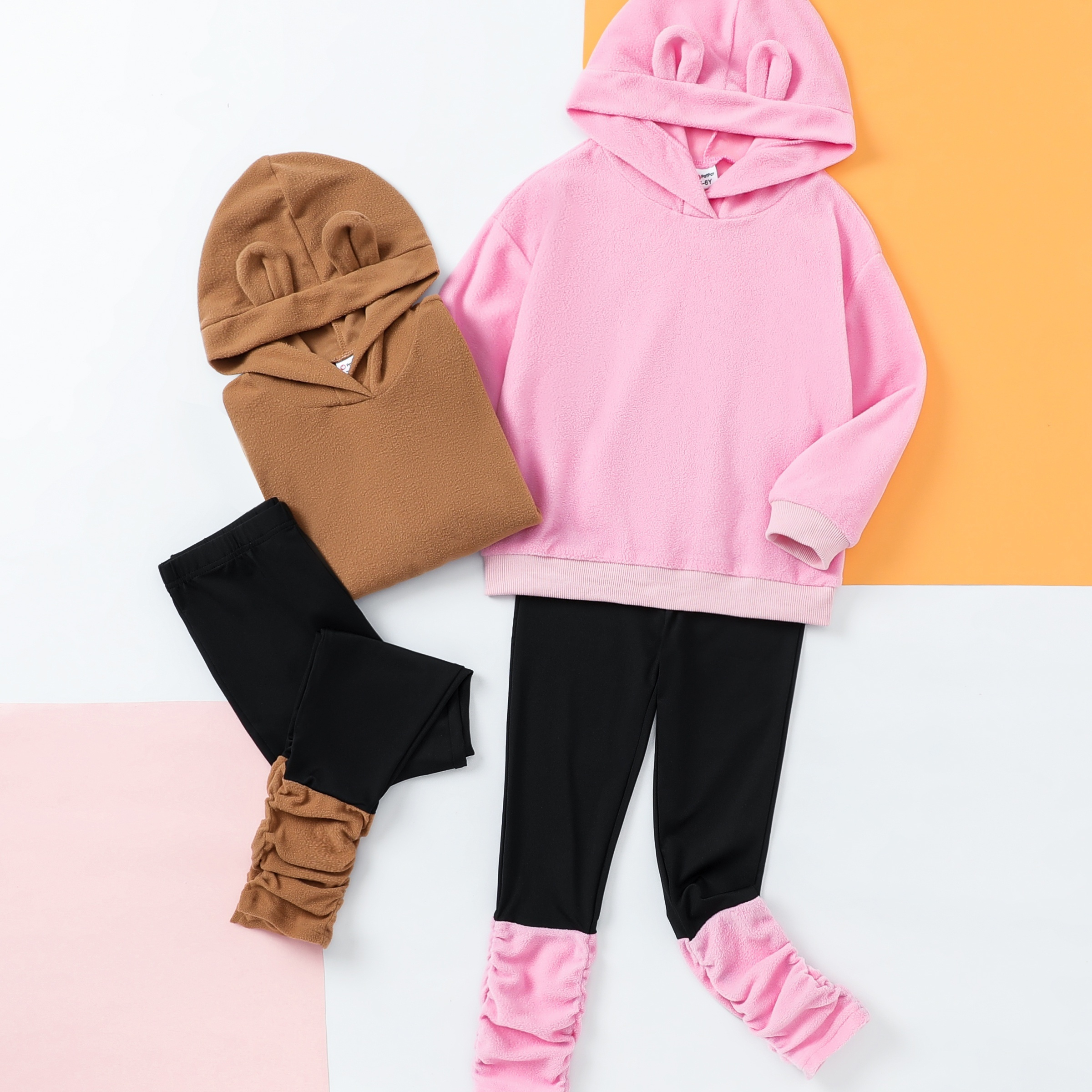 

Patpat 2pcs Kid Girl Casual Ear Graphic Polar Fleece Long-sleeve Hoodie Sweatshirt And Colorblock Splice Leggings Set For Spring & Autumn/fall