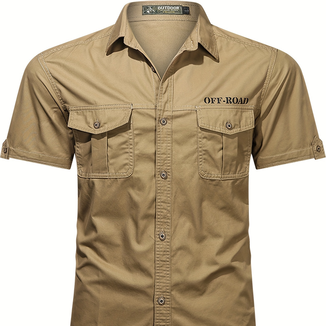

Classic Design Men's Letter Print "off-road" Single-breasted Short Sleeve Lapel Cargo Shirt With Flap Pockets, Pure Cotton Tops For Summer Outdoors Activities