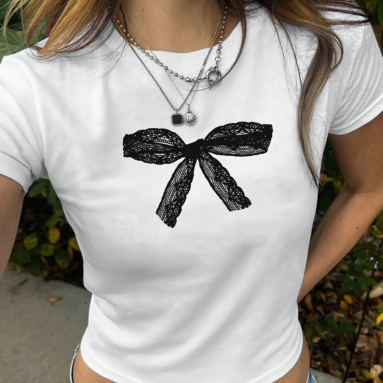 

T-shirt court à col rond Y2K pour femmes avec imprimé papillon - Haut en à motif géométrique en mélange de polyester, stretch élasthanne, manches courtes pour /été