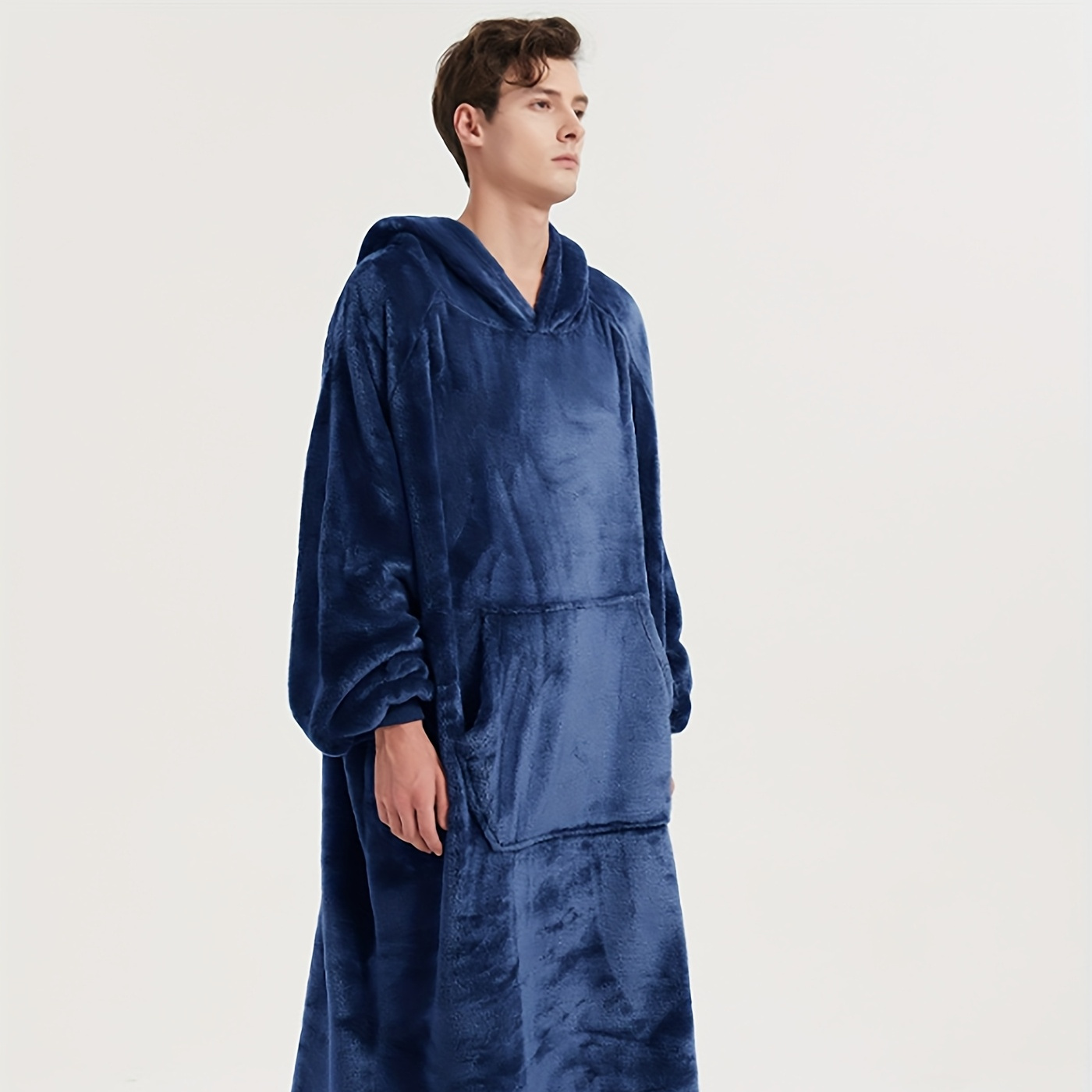 

Unisex Oversized Flannel Robe Set - Casual Polyester Hooded Thermal Pajamas With Pocket, Long Sleeve Solid Color Knit Fabric, Loose -season Wear