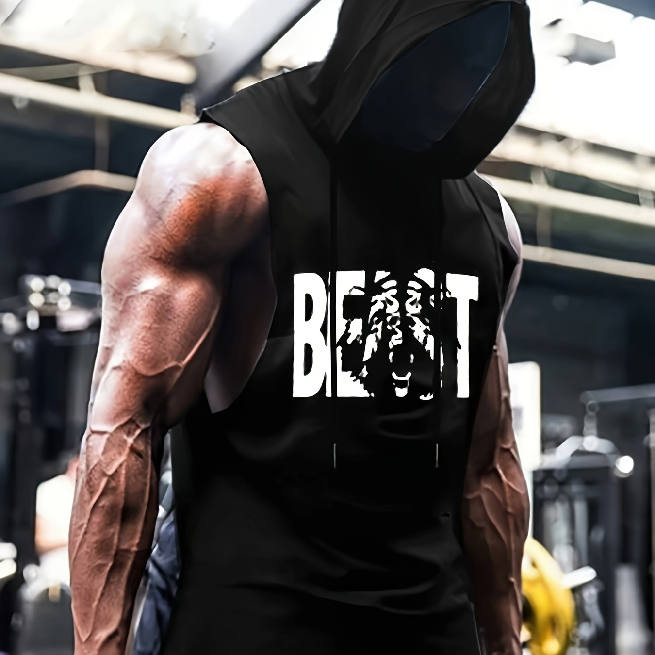 BEAST Print Men's Hooded Sleeveless Sports Tank Top For Summer Outdoor, Gift For Men