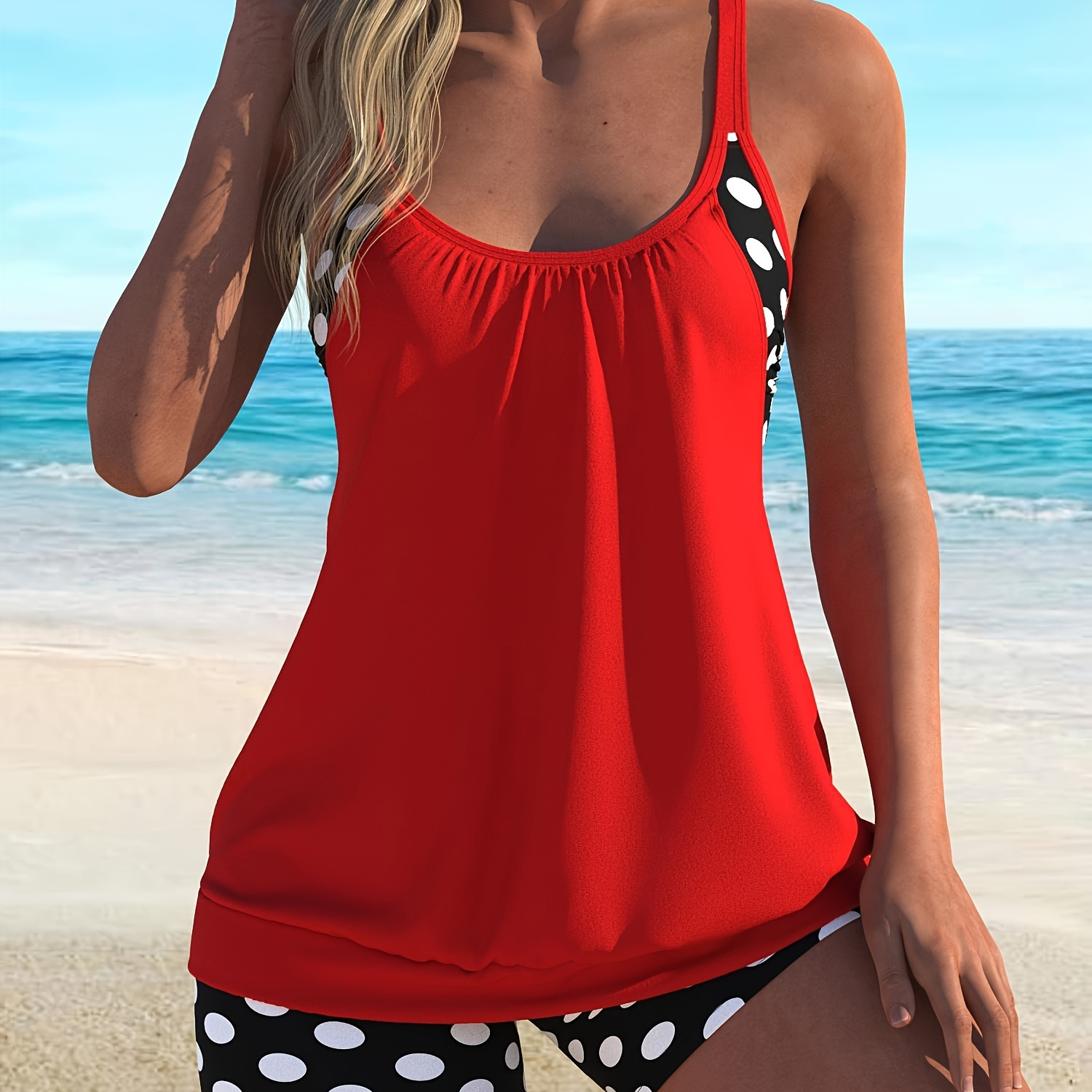 

Polka Dot Print Hollow Out Red 2 Piece Set Tankini, Scoop Neck Medium Stretchy Flattering Swimsuits, Women's Swimwear & Clothing Valentine's Day