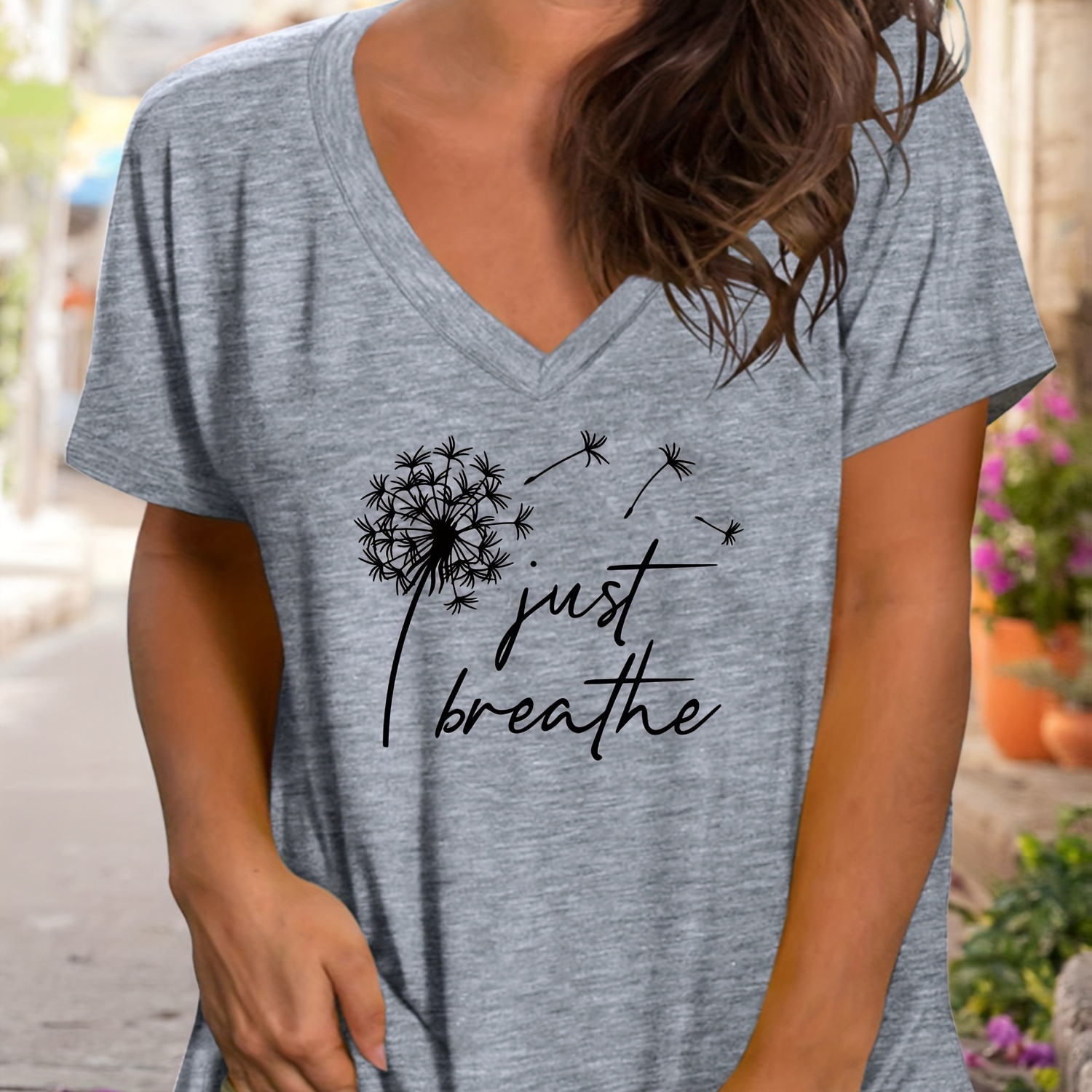 

Plus Size Casual T-shirt, Women's Plus Dandelion & Slogan Print Short Sleeve V Neck Slight Stretch T-shirt