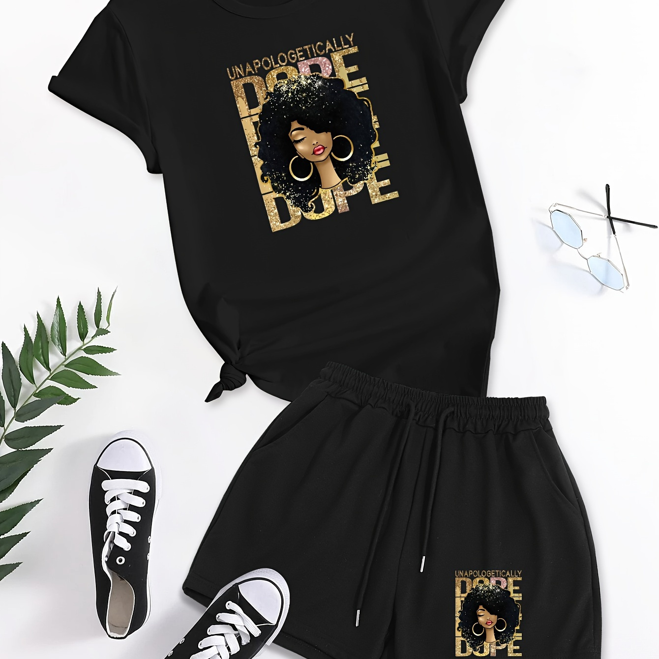 

Graphic & Letter Print Two-piece Set, Casual Short Sleeve T-shirt & Drawstring Waist Shorts Outfits, Women's Clothing