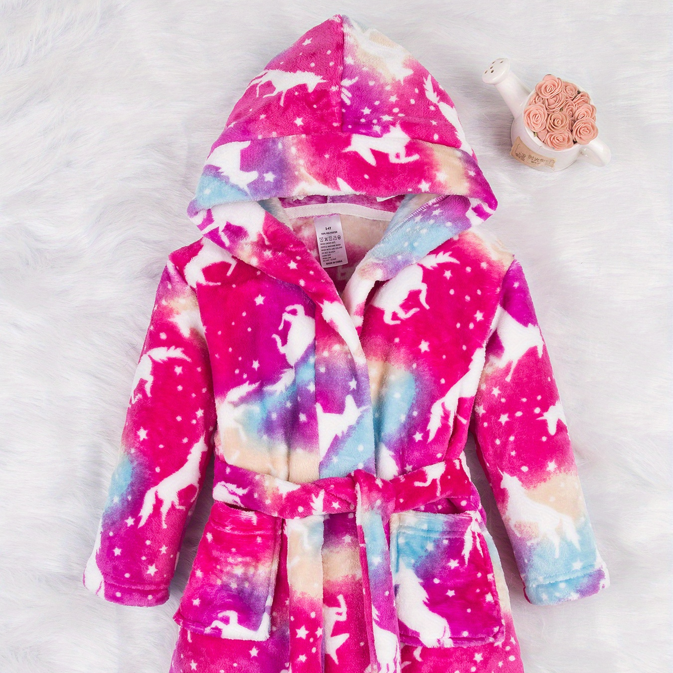 

Adorable Star Pattern Girl's Thickened Flannel Hooded Bathrobe - Warm & Robe With Belt For Daily Wearing, 2-11 Years Old