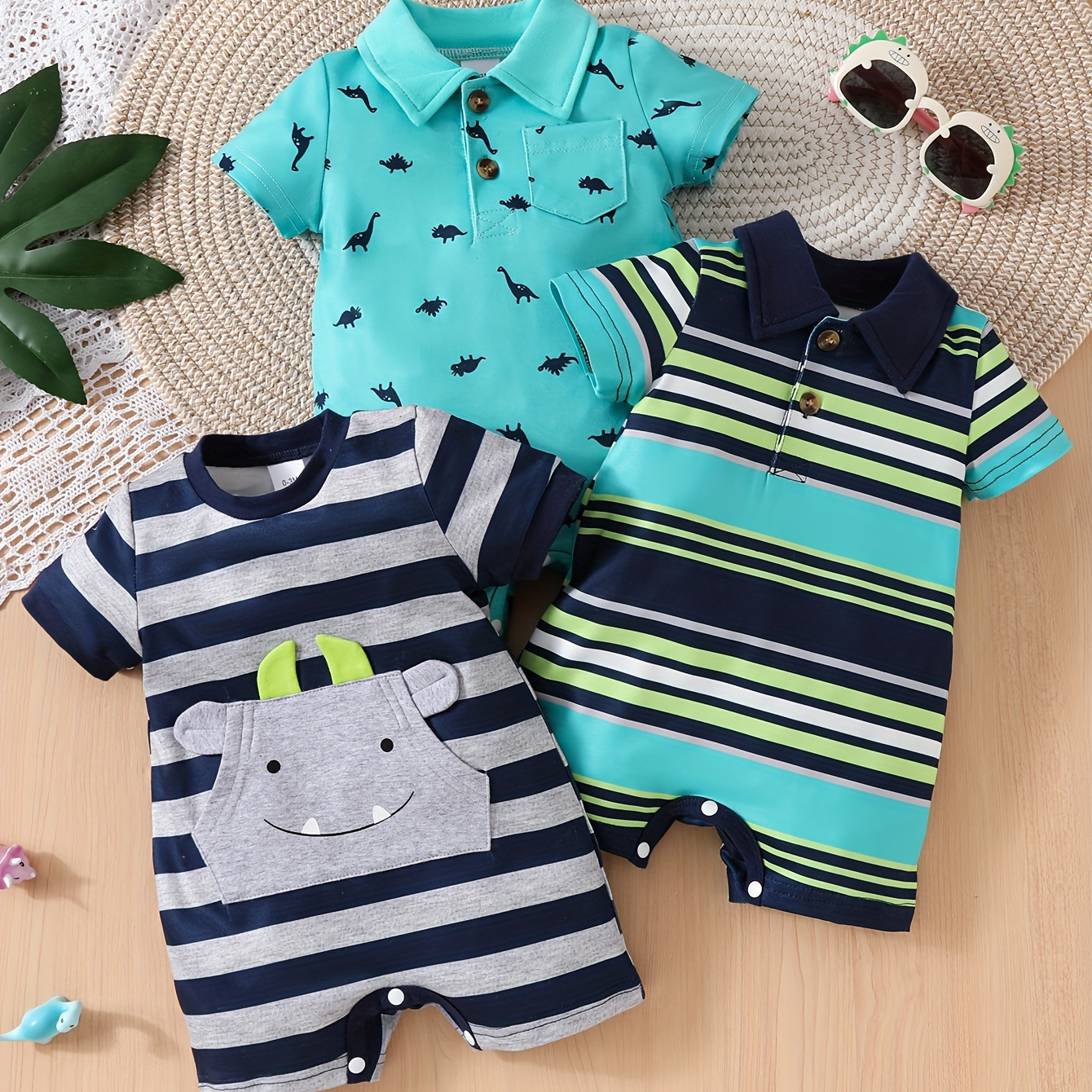 

3pcs Baby's Casual Short Sleeve Romper Set, Turndown Collar & Crew Neck Bodysuit, Toddler & Infant Boy's Onesie