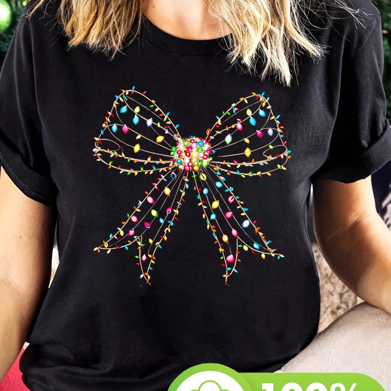 

100% Cotton Christmas Lights Bow-knot Print T-shirt For Women - Casual Crew Neck Short Sleeve Top With Slight Stretch, Regular Length Floral Pattern Knit Fabric Tee For All