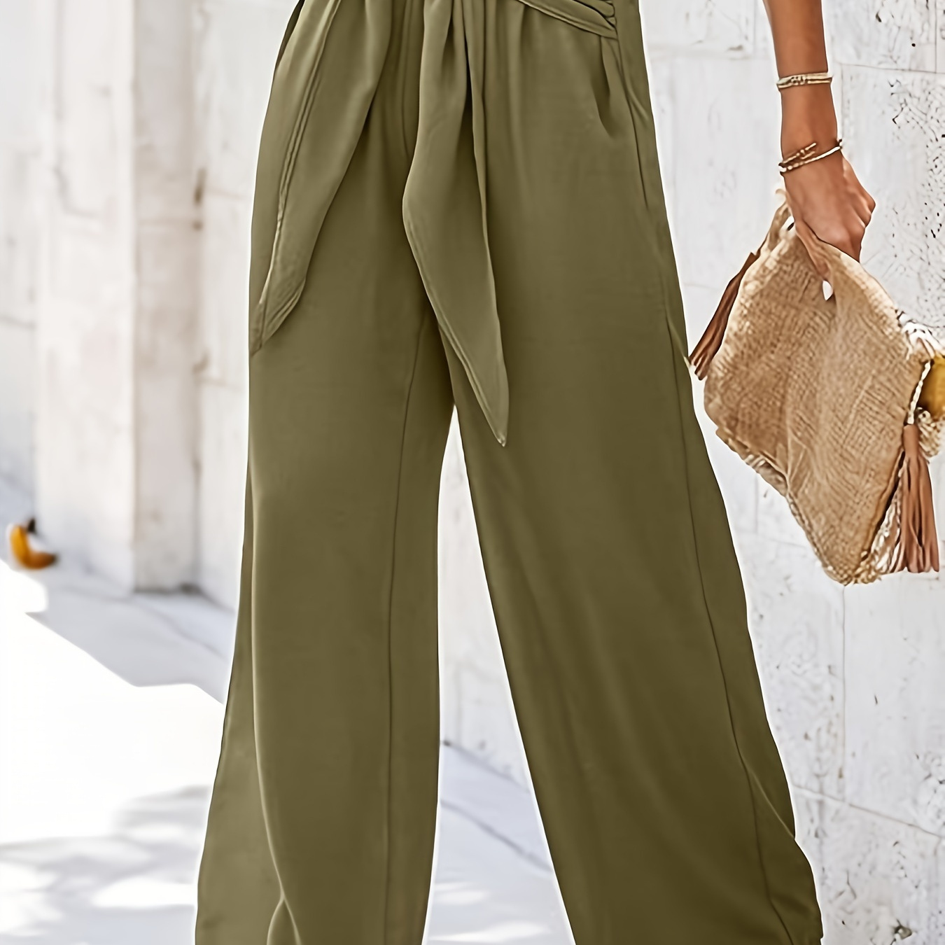 Knot Front Wide Leg Pants Pantalones Casuales Suelto - Temu Spain