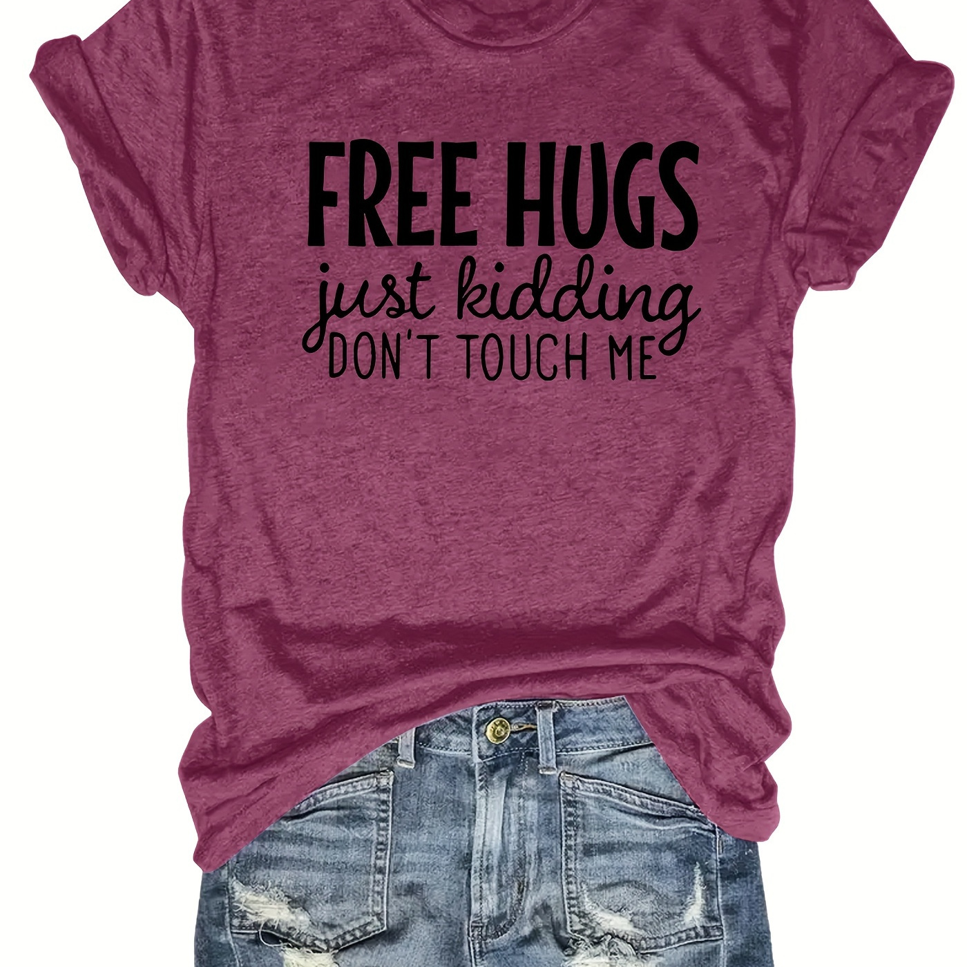 

Free Hugs Print Crew Neck T-shirt, Casual Short Sleeve Top For Spring & Summer, Women's Clothing