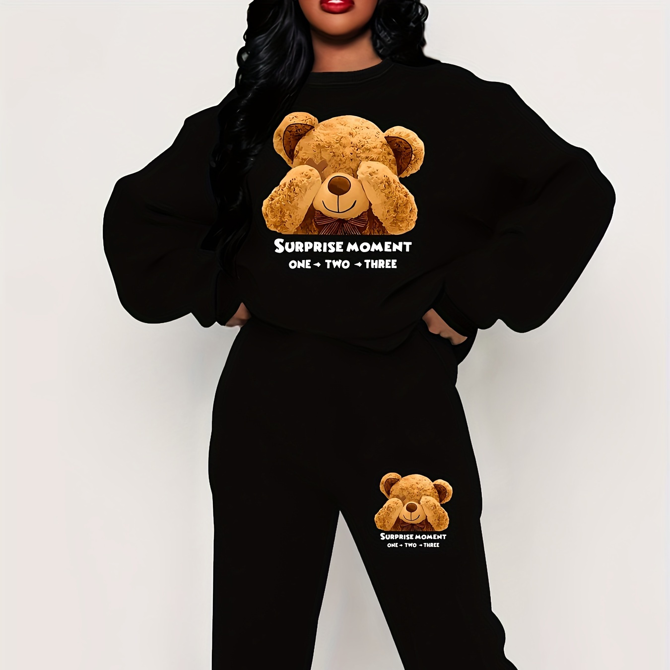 

Ensemble Sweatshirt et Joggers Imprimé Ours Cartoon pour Femmes - Tenue Décontractée à Manches Longues et Col Rond pour Automne/Hiver, Lavable en Machine