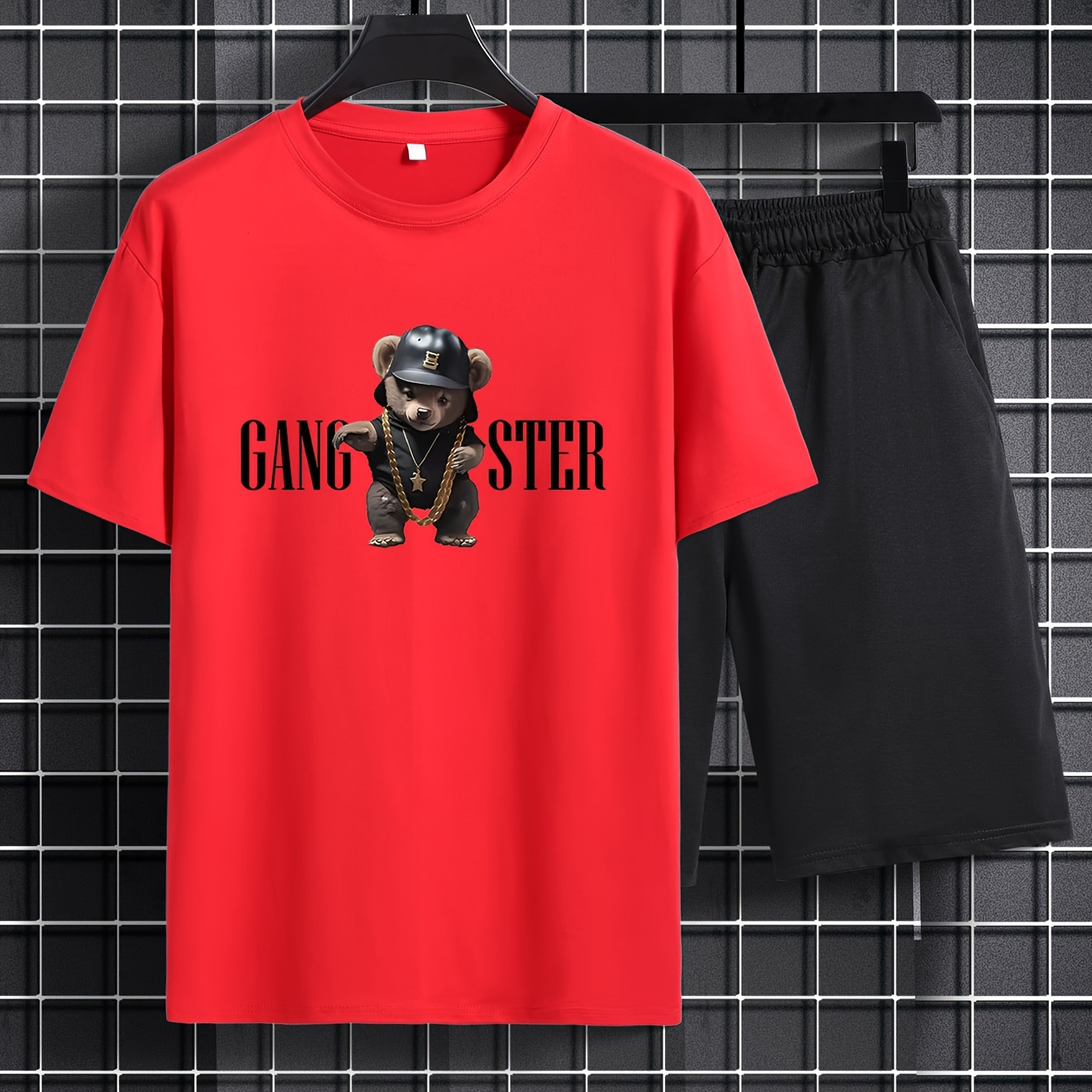 

Plus Size Men's Bear With Chain Graphic Print T-shirt & Shorts Set For Summer, Men's Clothing