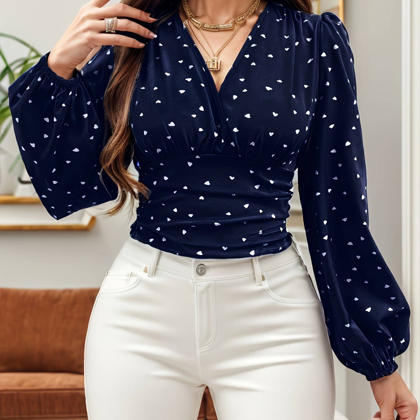 

Women's Casual Polyester Blouse With Heart Print, Neck, Long Sleeves - Spring/fall Woven Shirt For Adults - Middle Collection