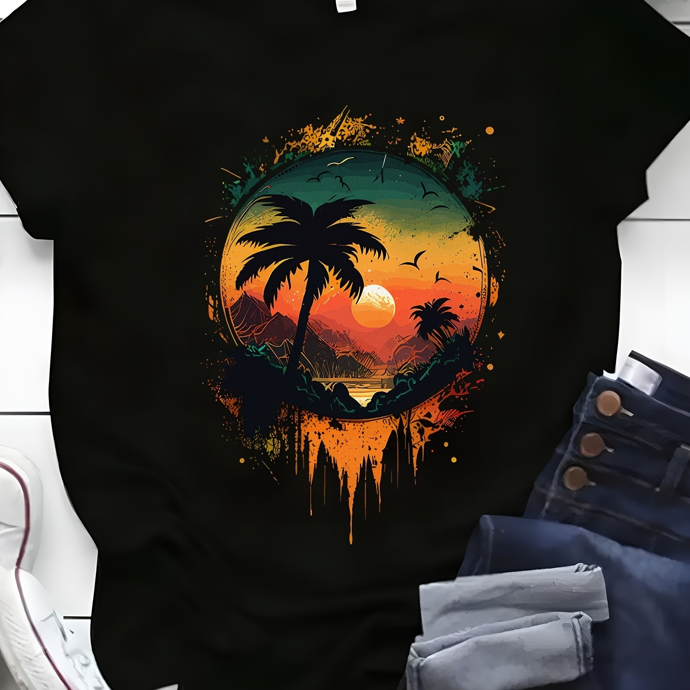 

Plus Size Coconut Tree Print T-shirt, Casual Crew Neck Short Sleeve T-shirt, Women's Plus Size clothing
