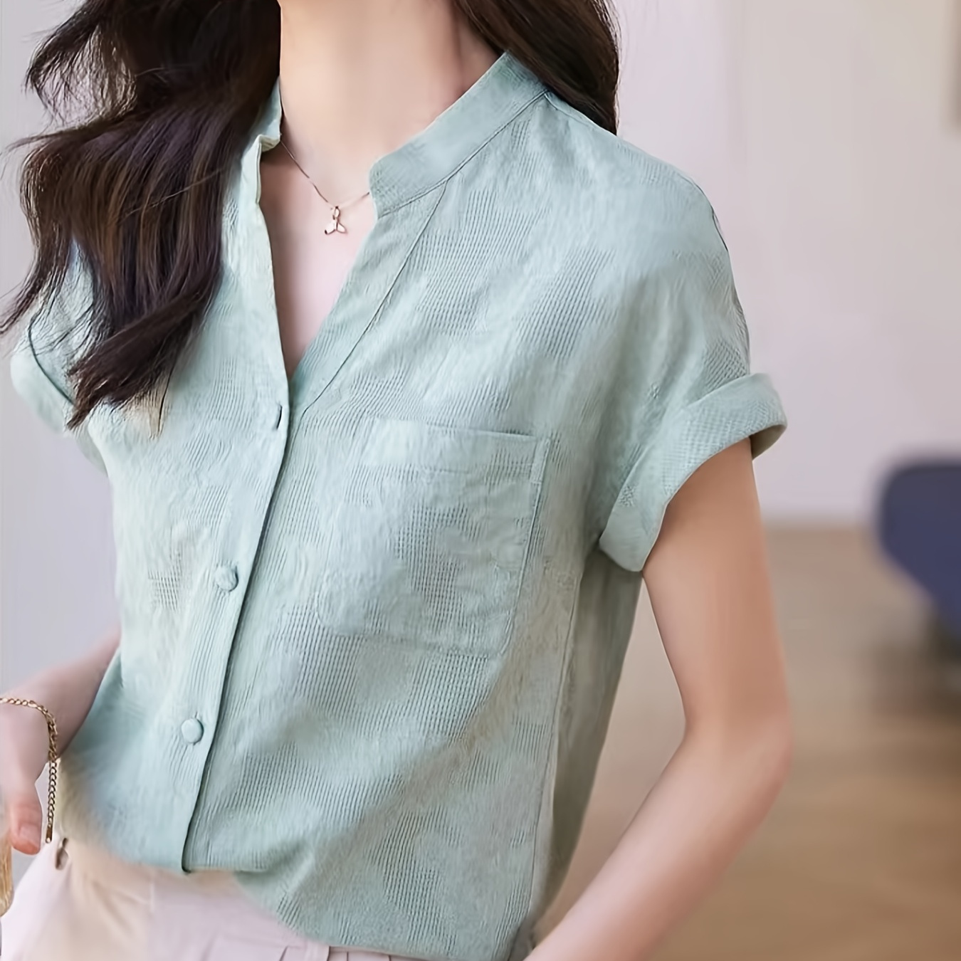 

Button Front Notched Neck Blouse, Elegant Rolled Hem Short Sleeve Blouse For Spring & Summer, Women's Clothing