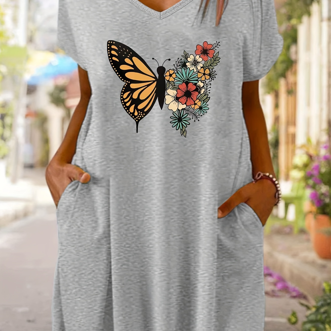 

Floral & Butterfly Print Dual Pockets Tee Dress, Casual Loose Dress For Spring & Summer, Women's Clothing