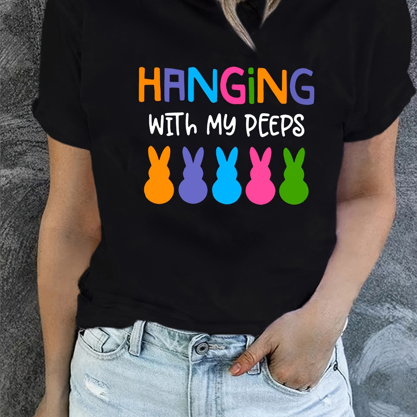 

Hanging With My Peeps Graphic Print T-shirt, Short Sleeve Crew Neck Casual Top For Summer & Spring, Women's Clothing