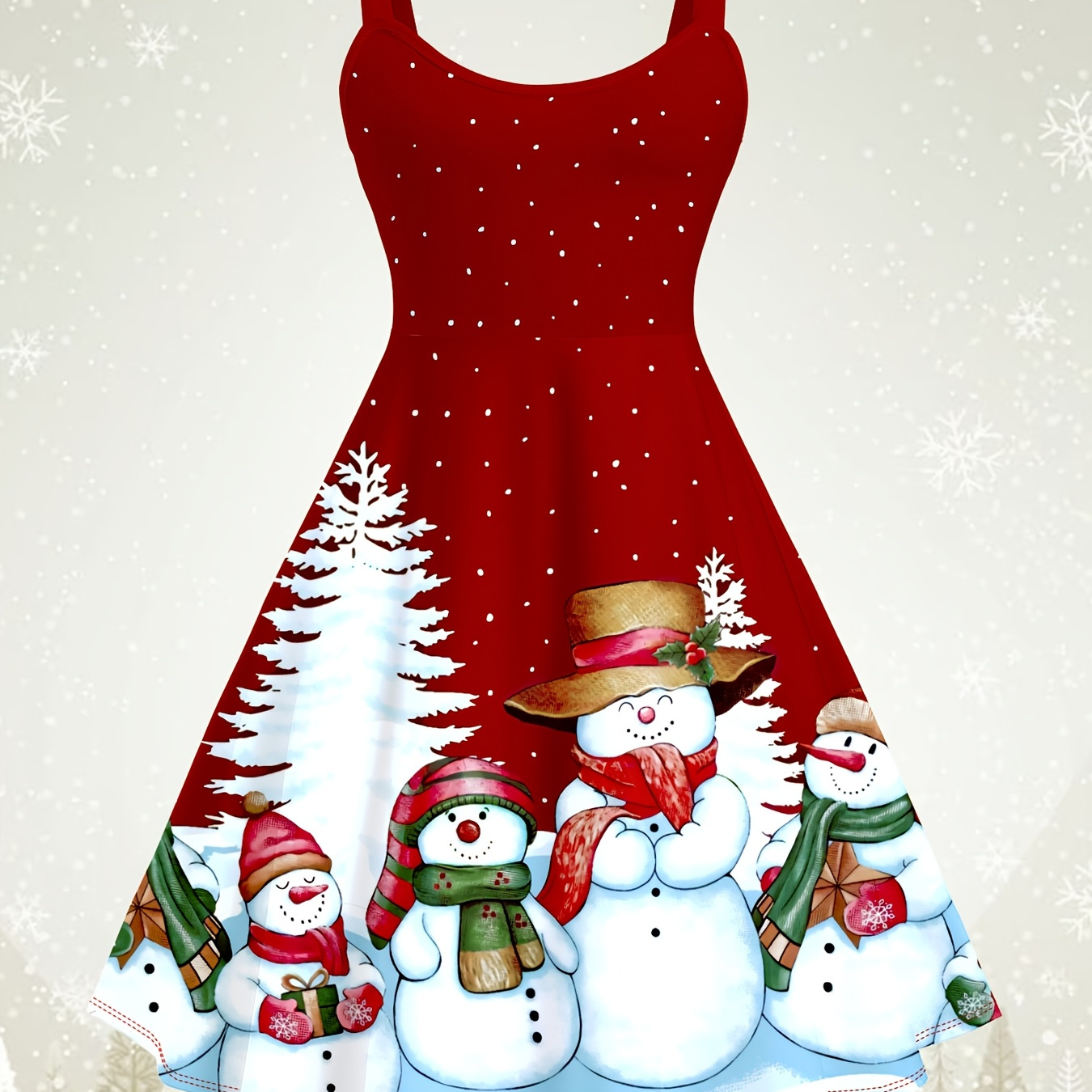 

Elegant Christmas And Snowman Print High-waisted Spaghetti Strap V-neck Sleeveless A-line Slip Dress, Polyester Knit Fabric, For Adults, All