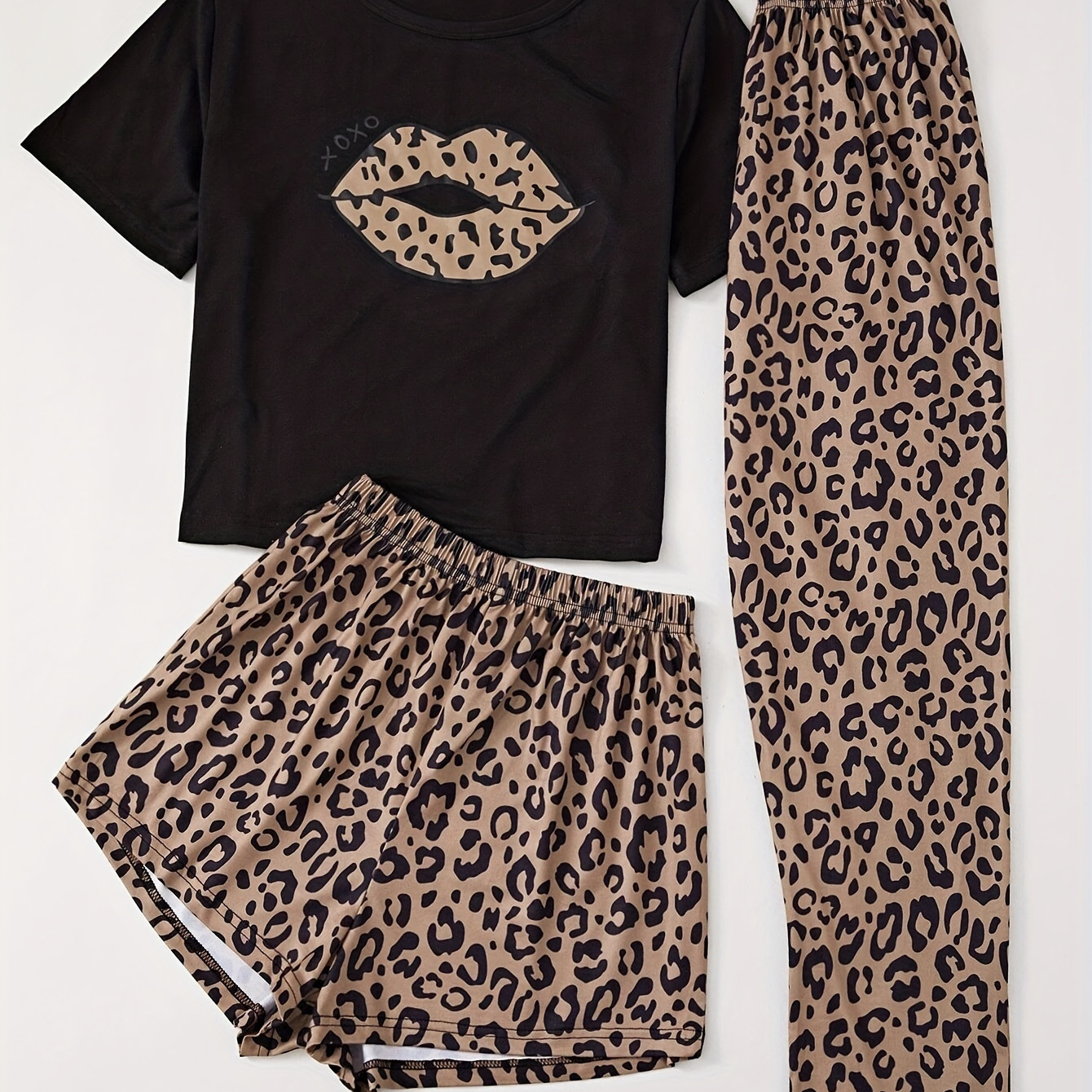 

Women's Leopard Lip Print Casual Pajama Set, Short Sleeve Round Neck Top & Shorts & Pants, Comfortable Relaxed Fit