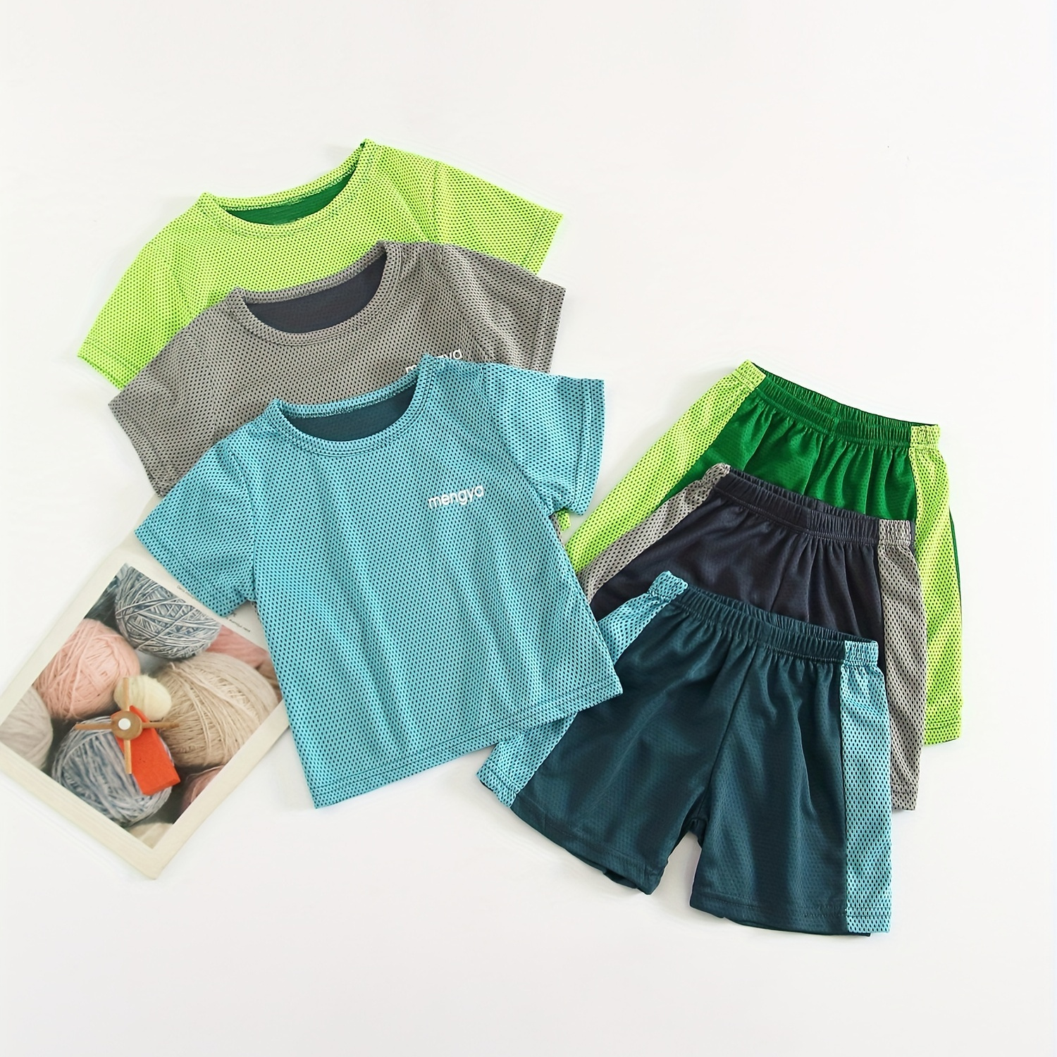 

6pcs - 3 Outfits Set Boys Tracksuit, Vibrant Short Sleeve T-shirt & Shorts Set, Quick Dry Sportswear For Training Running