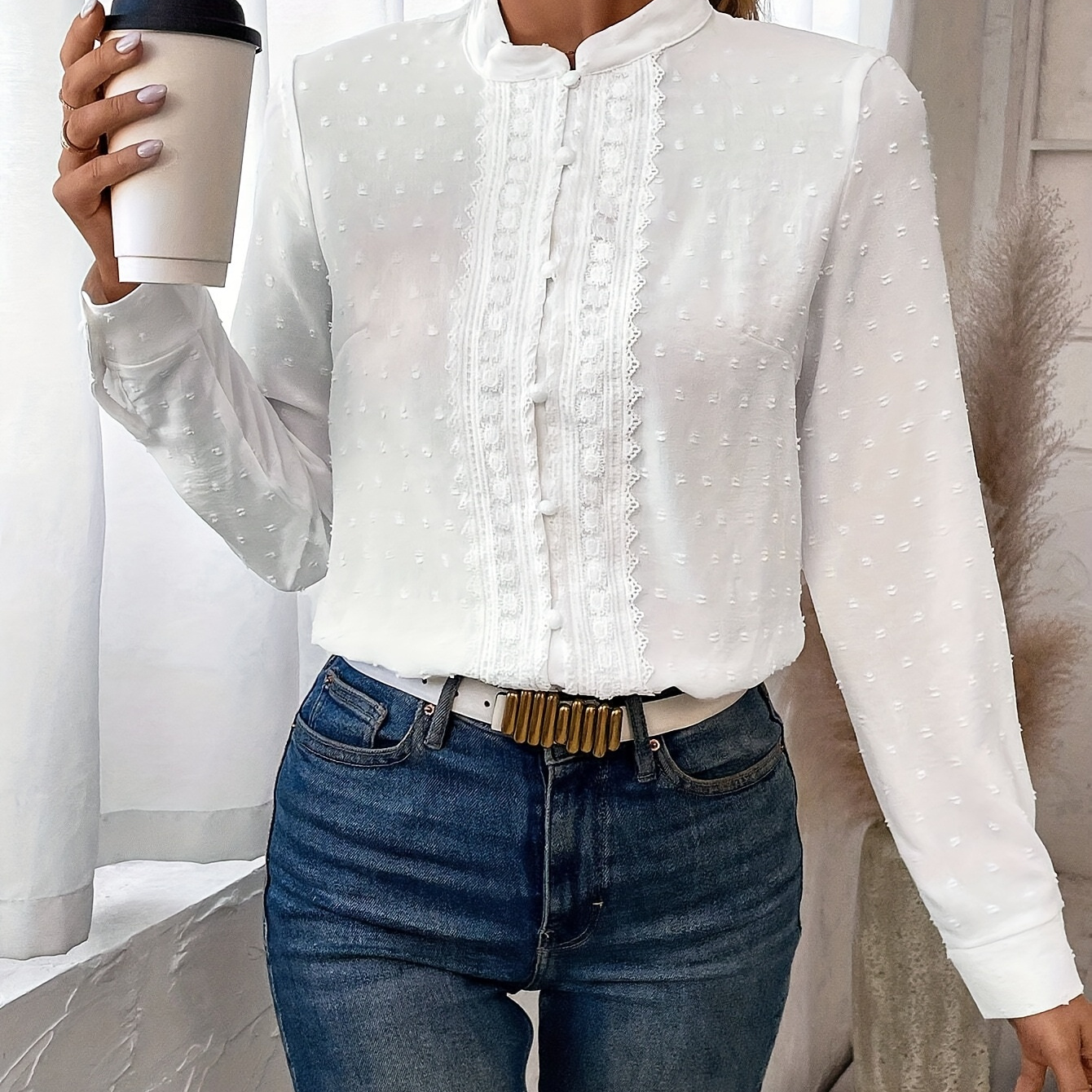 

1pc Elegant Polyester Blouse For Women - Solid Color With Button , Lapel Collar, Woven Spring/fall Shirt