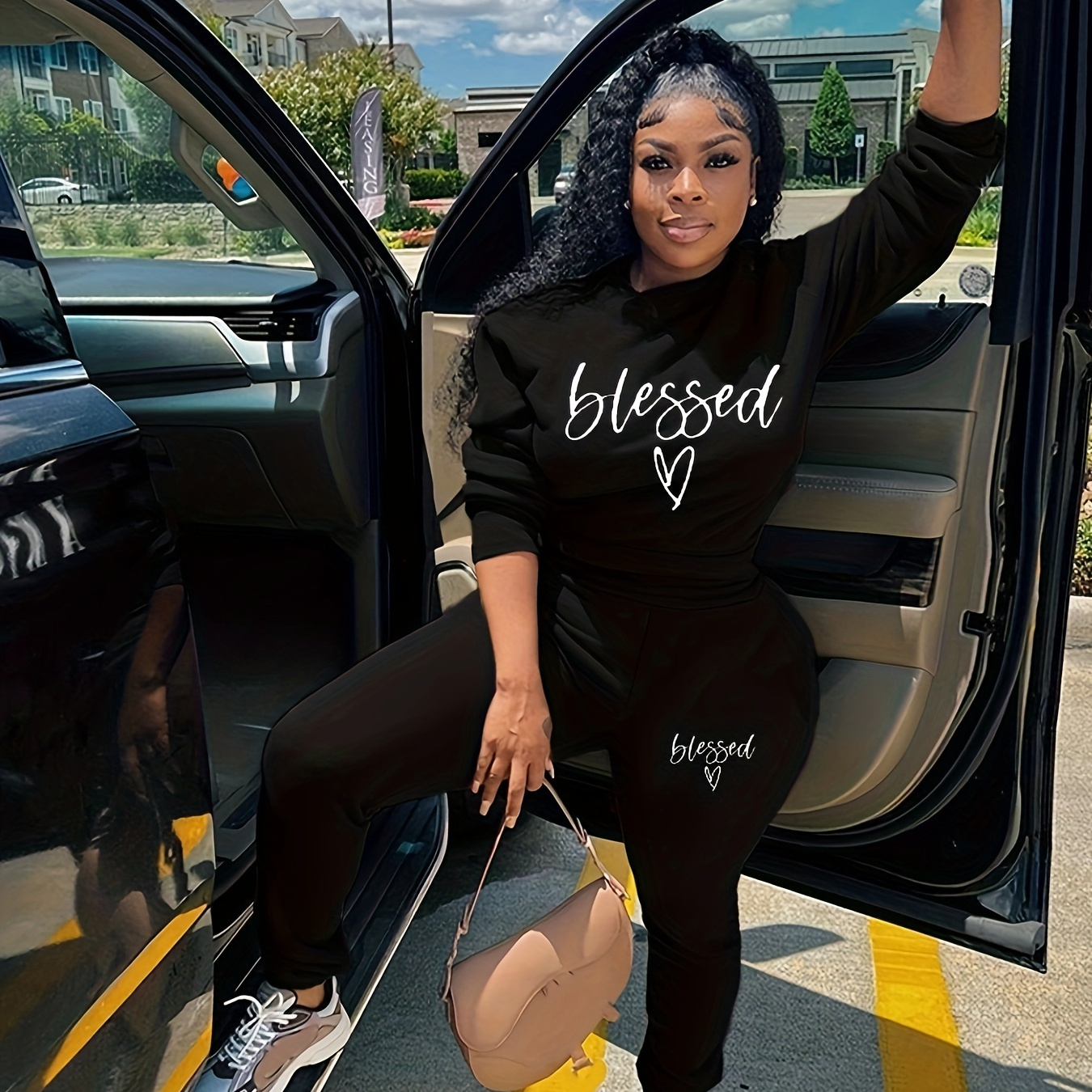 

Blessed Print Two-piece Set, Crew Neck Long Sleeve Sweatshirt & Slim Pants Outfits, Women's Clothing