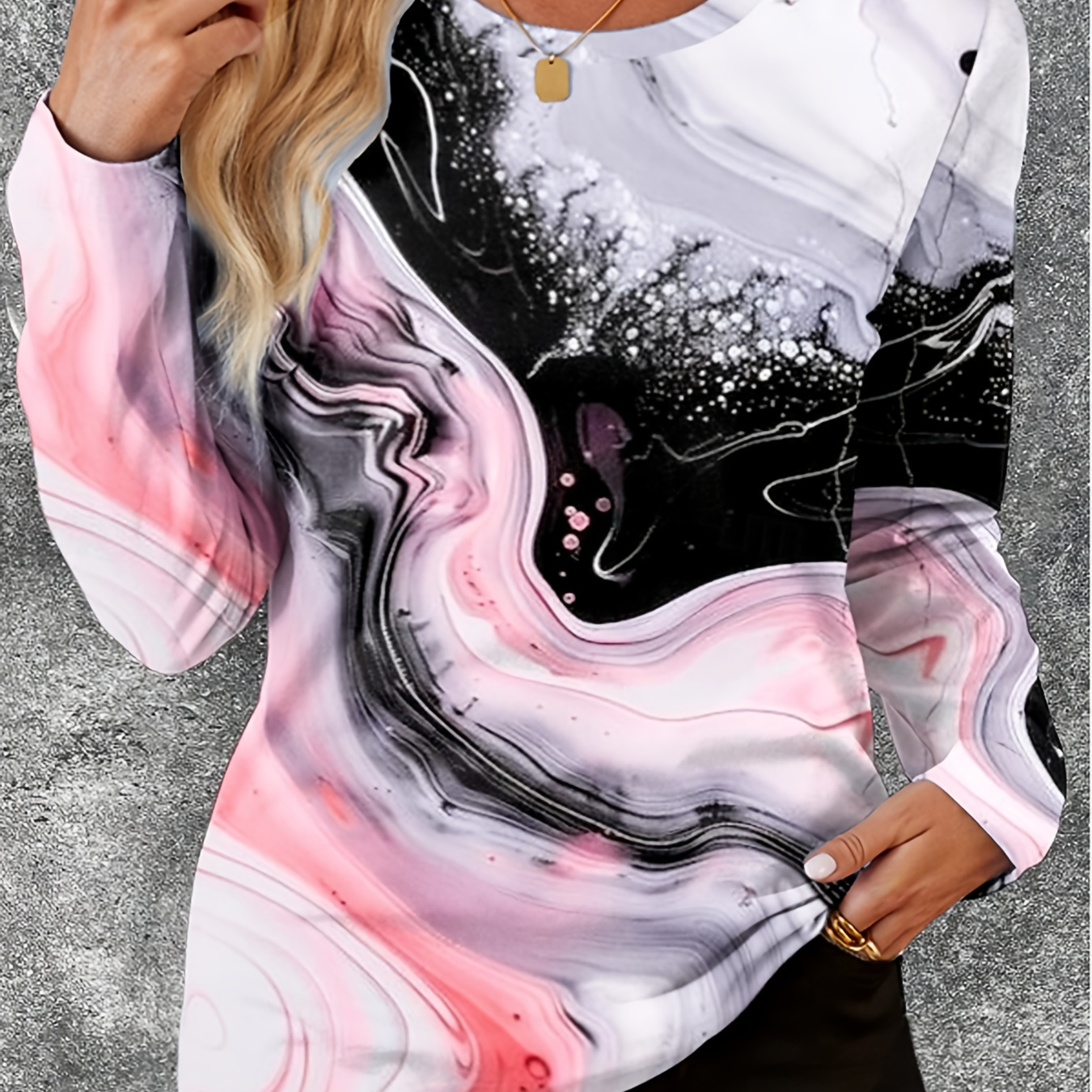 

Women's Casual Crew Neck Long Sleeve T-shirt With Abstract Marble Print, Polyester And Spandex , Knit Fabric, Regular Length - All Season Wear