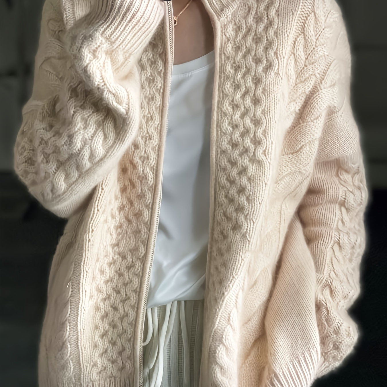 

Cable Knit Zip Up Loose Cardigan, Casual Long Sleeve Turtle Neck Sweater Coat, Women's Clothing
