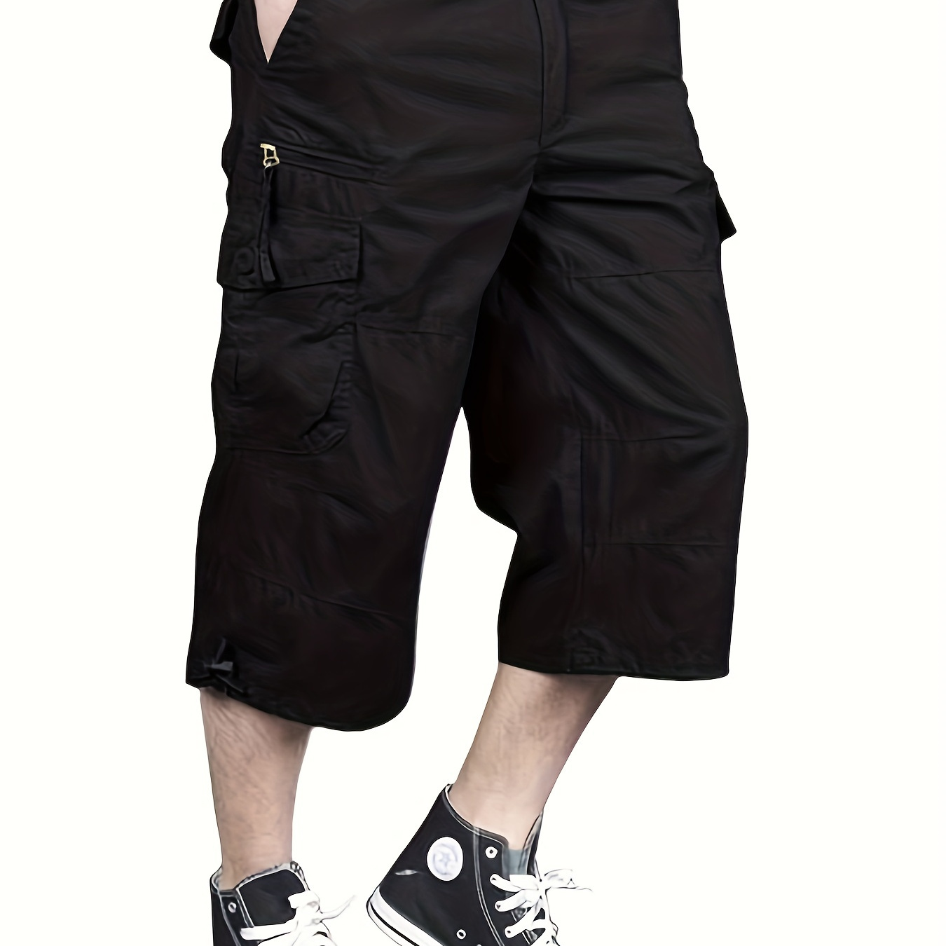Men's Solid Loose Fit Capri Cargo Pants With Multiple Flap Pockets, Versatile And Chic Pants For Summer Leisurewear
