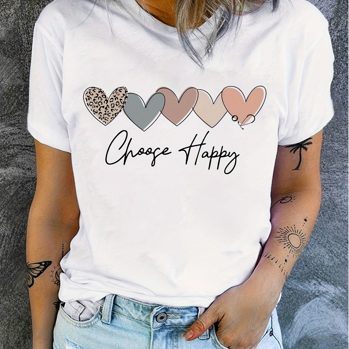 

Women's T-shirt, Love Print Pattern, Choose Happy Letter Print, Casual Round Neck Short Sleeved Top