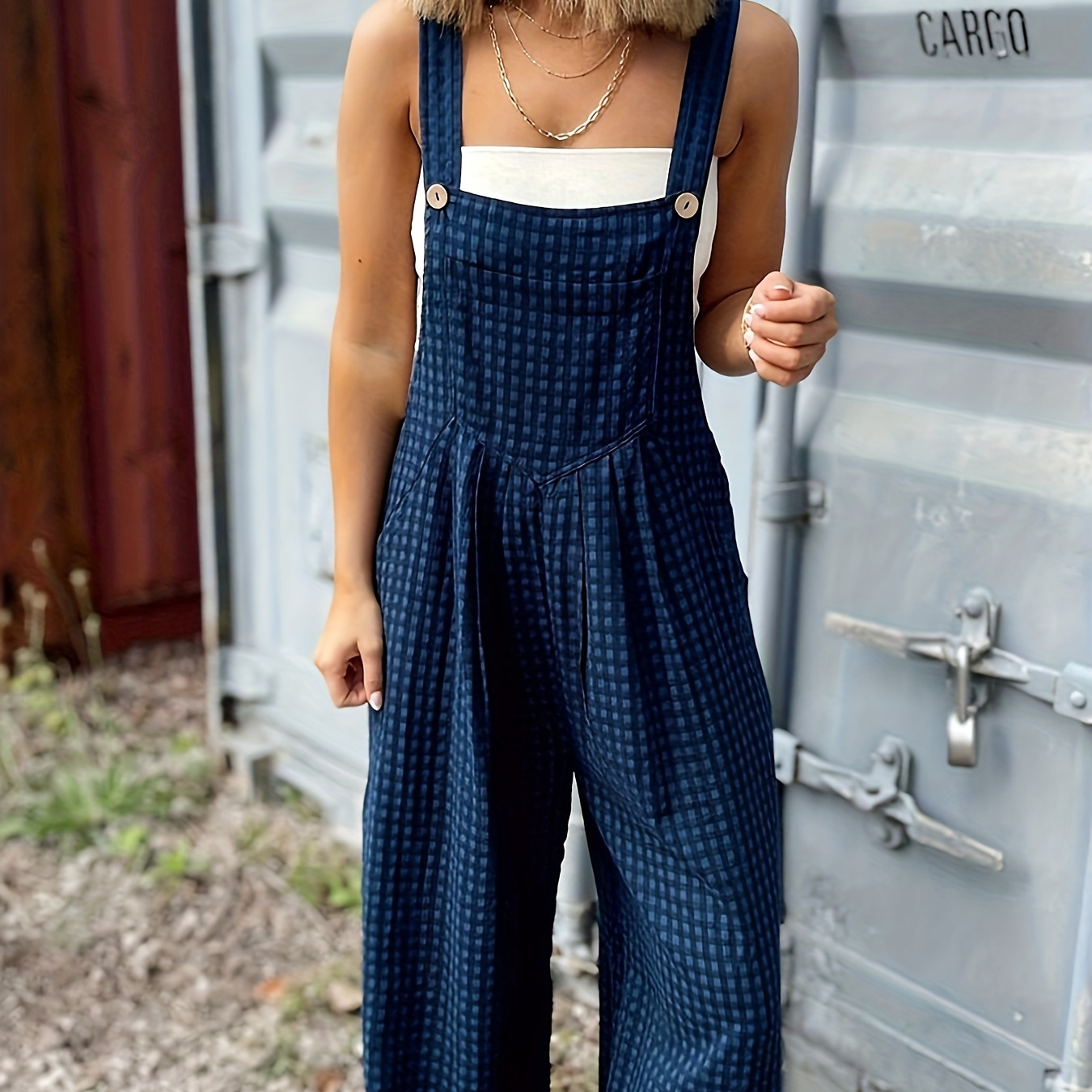 

Pattern Wide Strap Overalls, Casual Sleeveless Wide Leg Jumpsuit For , Women's Clothing