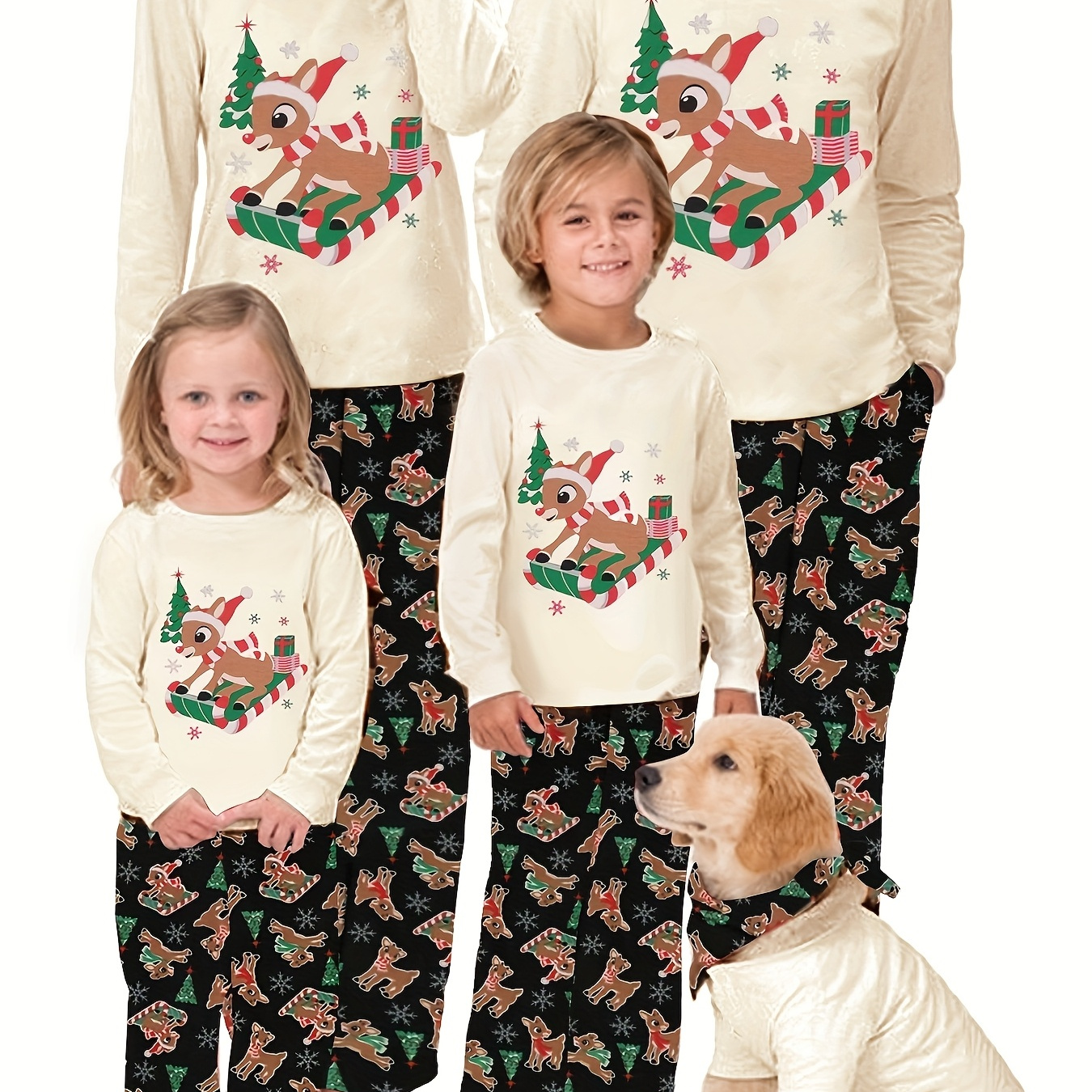 

Cozy Christmas Family Clothing Set - Long Sleeve Deer Print Tops & Pants For Adults, Kids, Babies & Dogs - Soft Polyester , Machine Washable, Outdoor