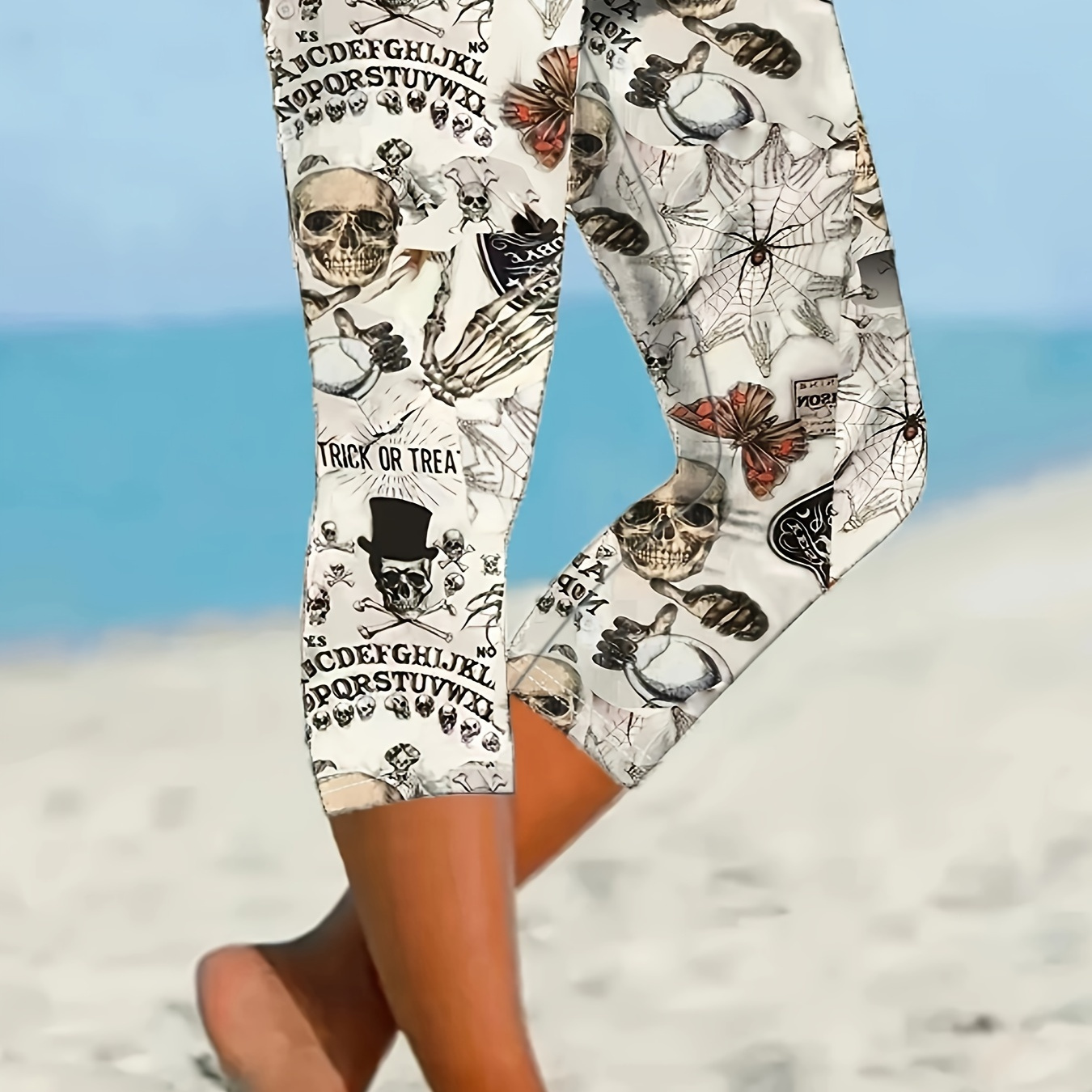 

Skeleton Print Skinny Capri Leggings, Casual High Waist Stretchy Leggings, Women's Clothing